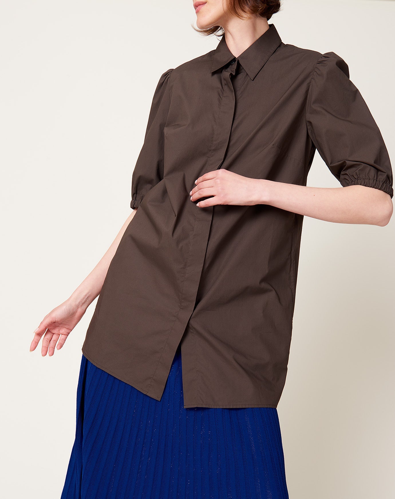 Maria McManus Puff Sleeve Minidress in Chocolate Brown