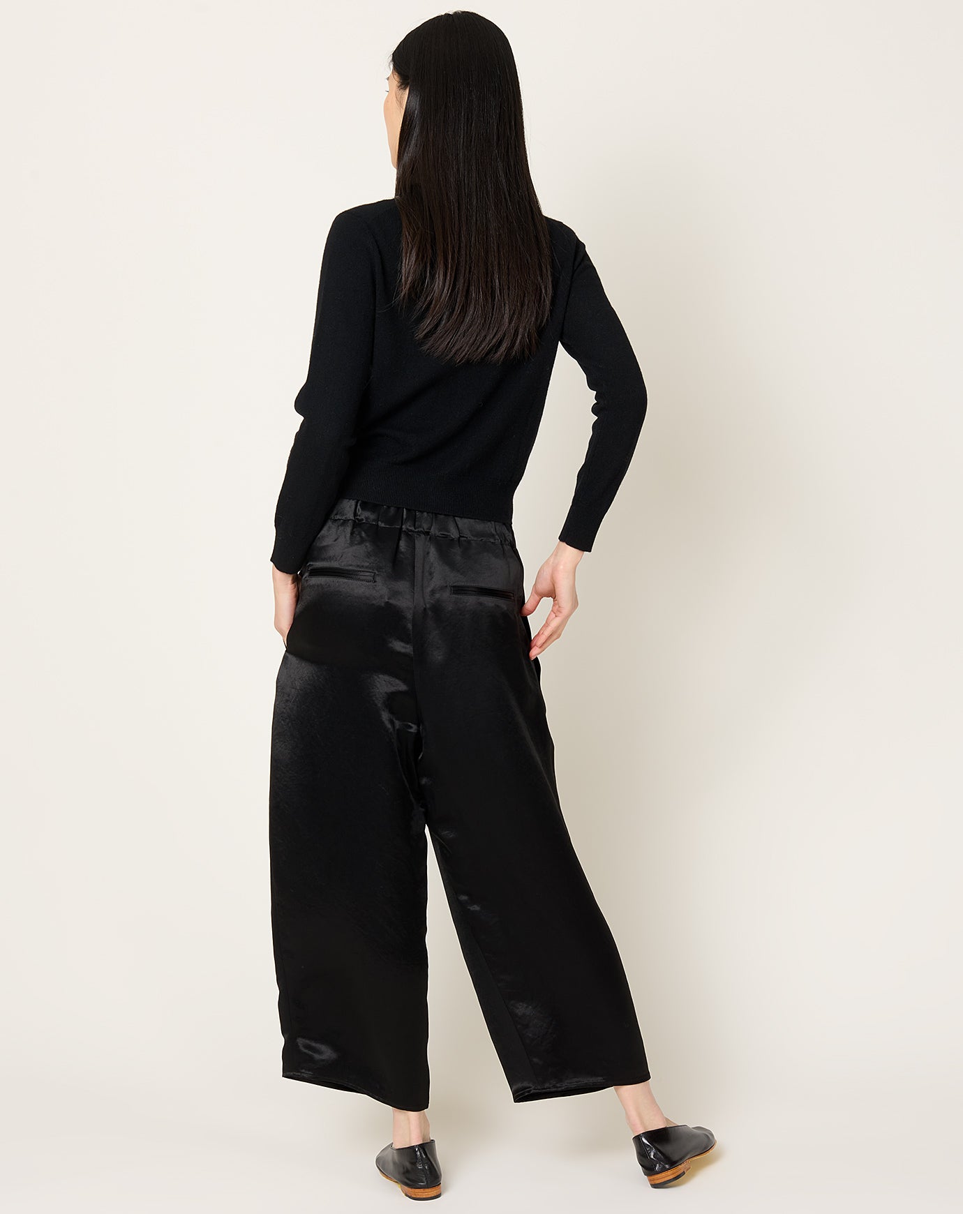 Maria McManus Pull On Wide Leg Crop Pant in Black Satin