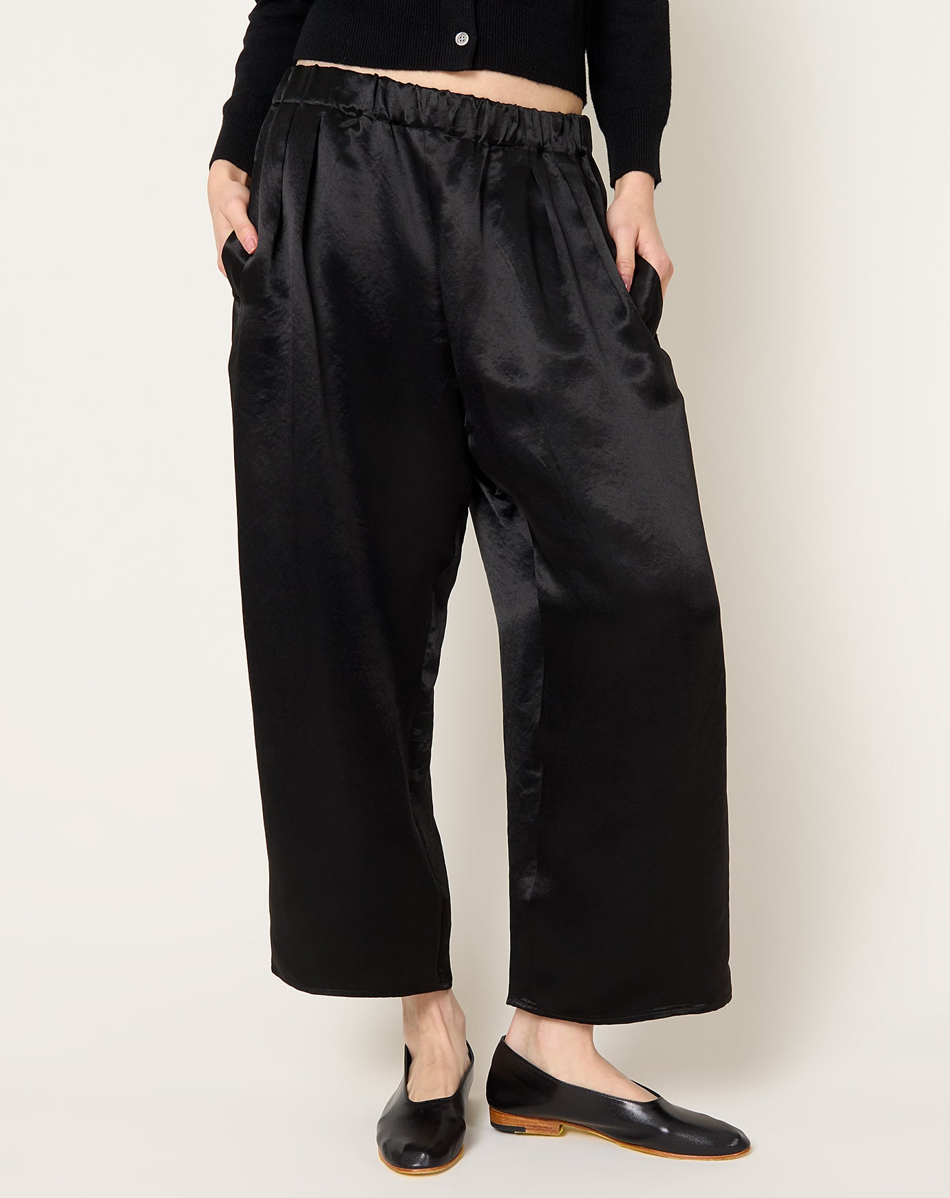 Maria McManus Pull On Wide Leg Crop Pant in Black Satin
