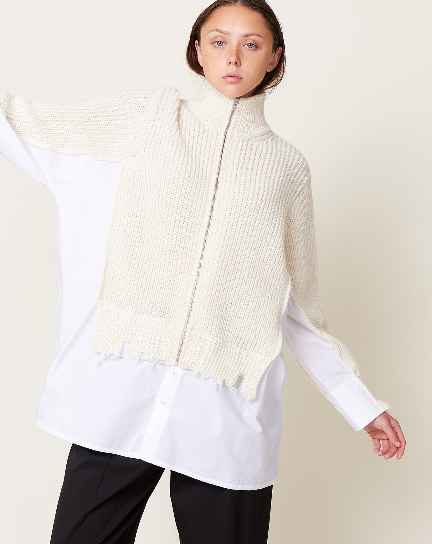 MM6 Zip Cardigan with Shirt Detail in White