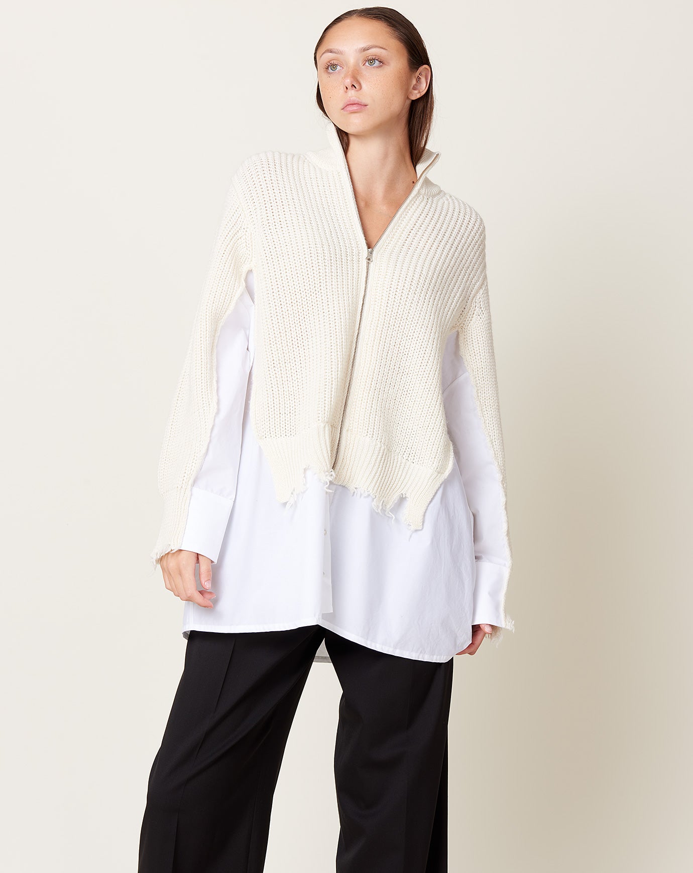 MM6 Zip Cardigan with Shirt Detail in White