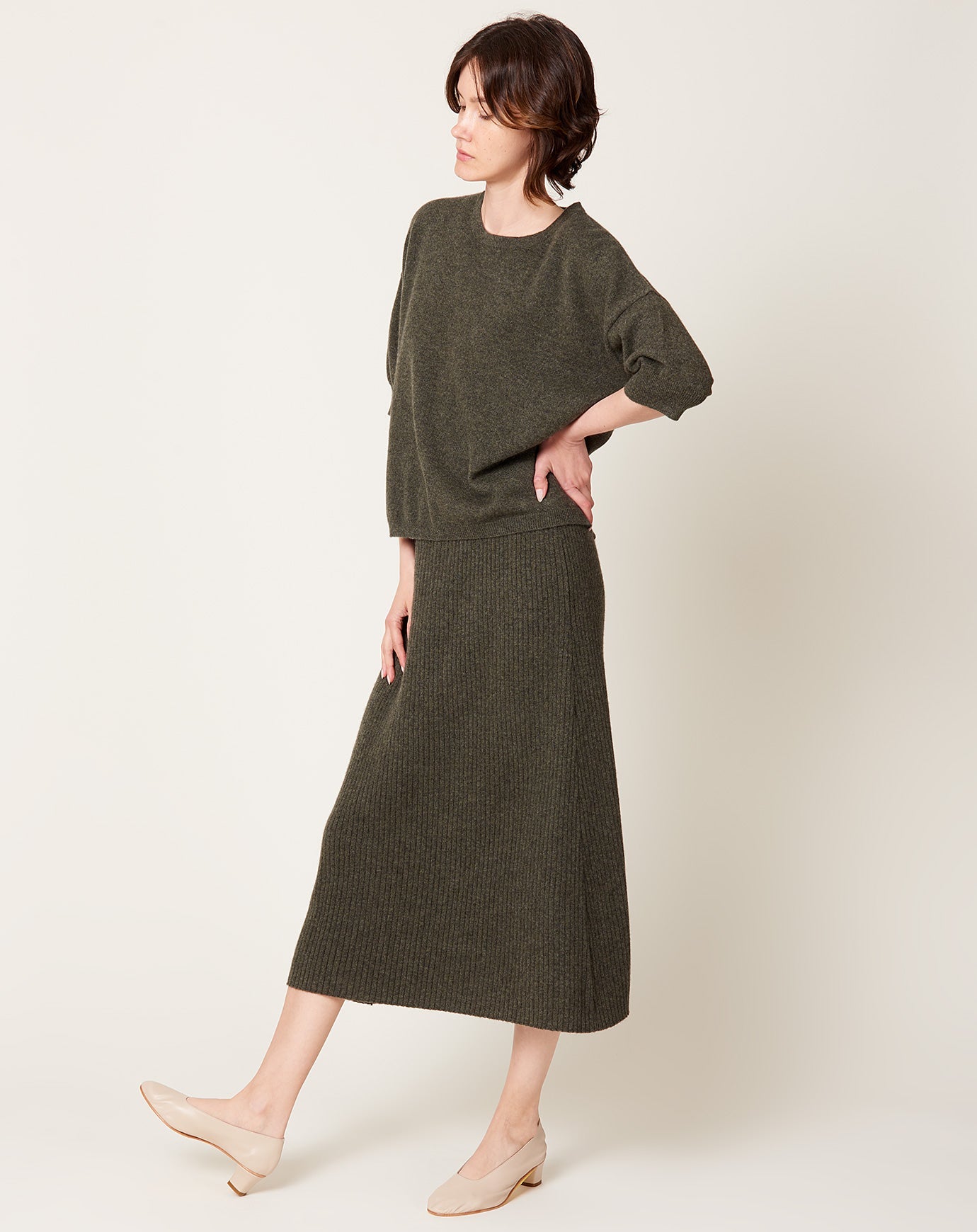 Modern Weaving Cashmere Rib Semi Circle Midi Skirt in Olive Melange