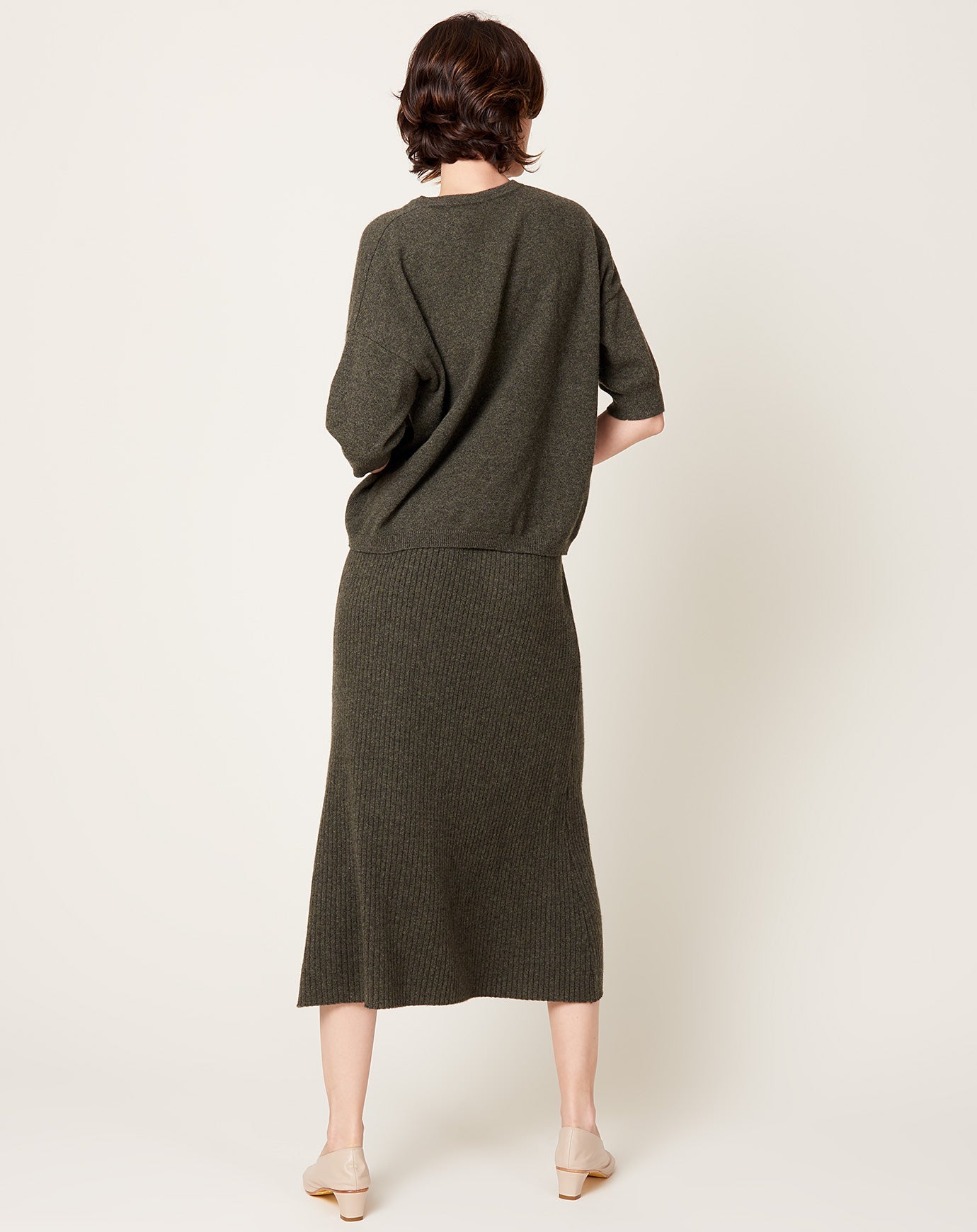 Modern Weaving Cashmere Rib Semi Circle Midi Skirt in Olive Melange