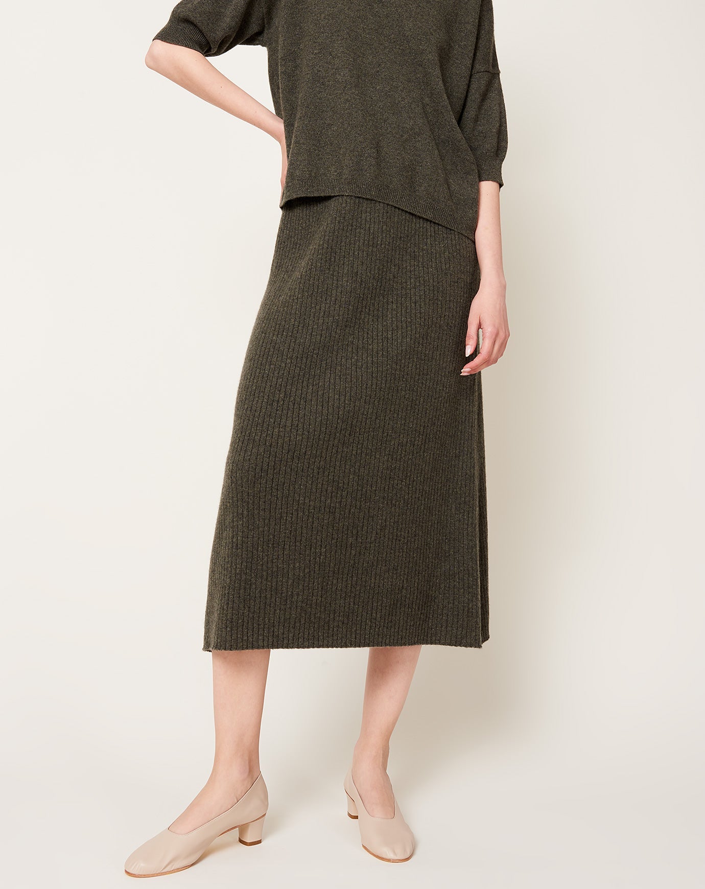 Modern Weaving Cashmere Rib Semi Circle Midi Skirt in Olive Melange