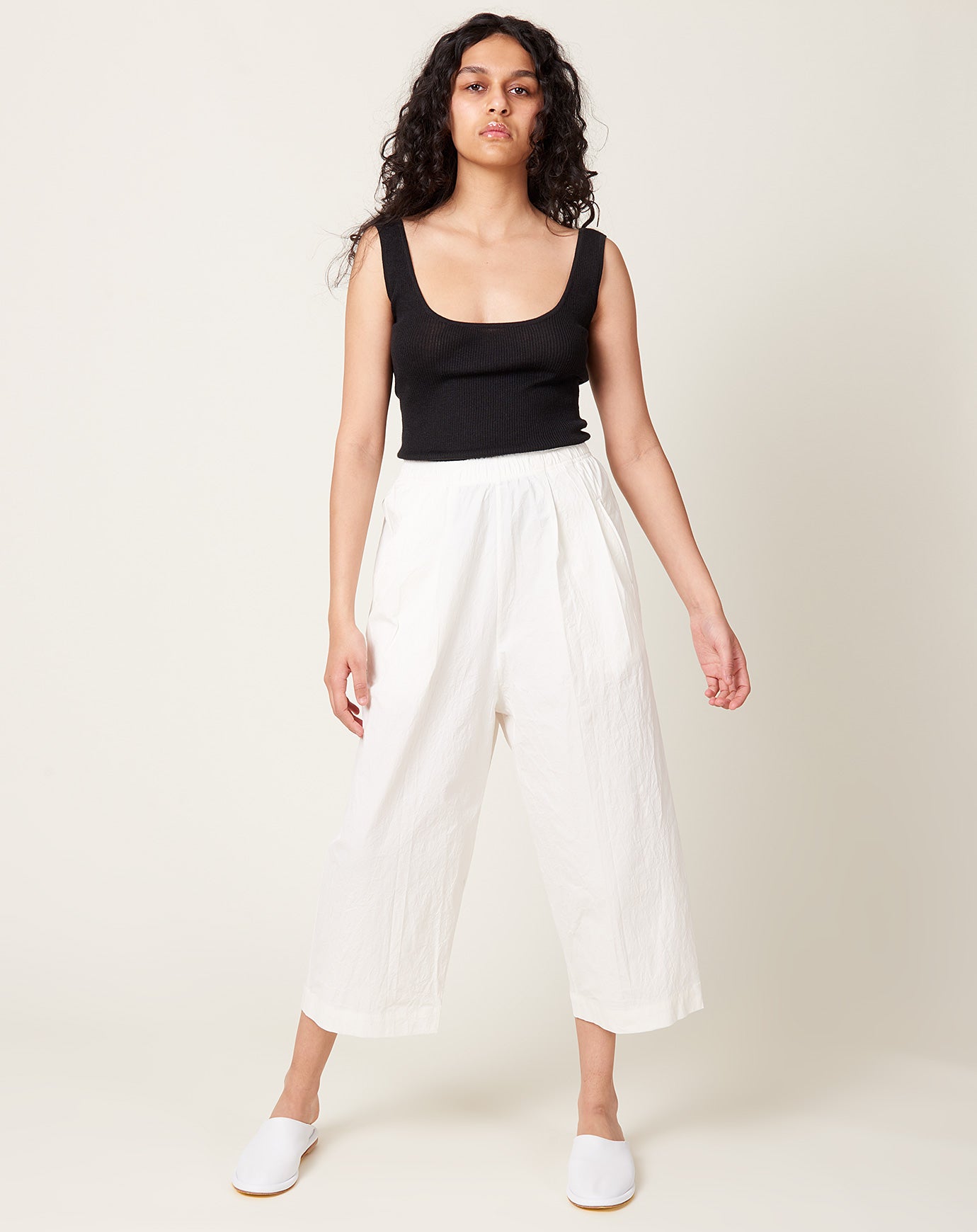 Modern Weaving Dropped Open Leg Trouser in Off White Stretch Crinkle