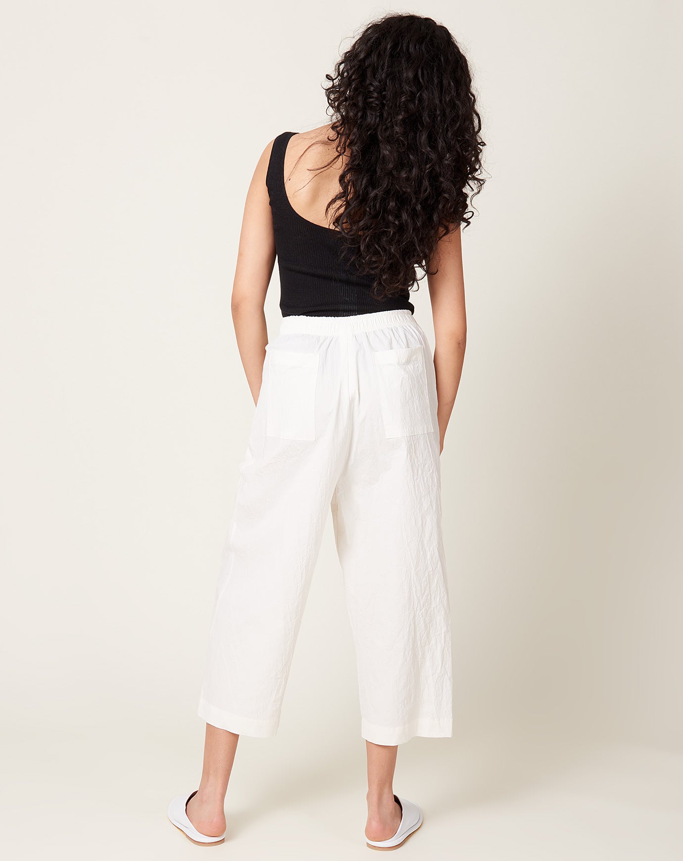 Modern Weaving Dropped Open Leg Trouser in Off White Stretch Crinkle