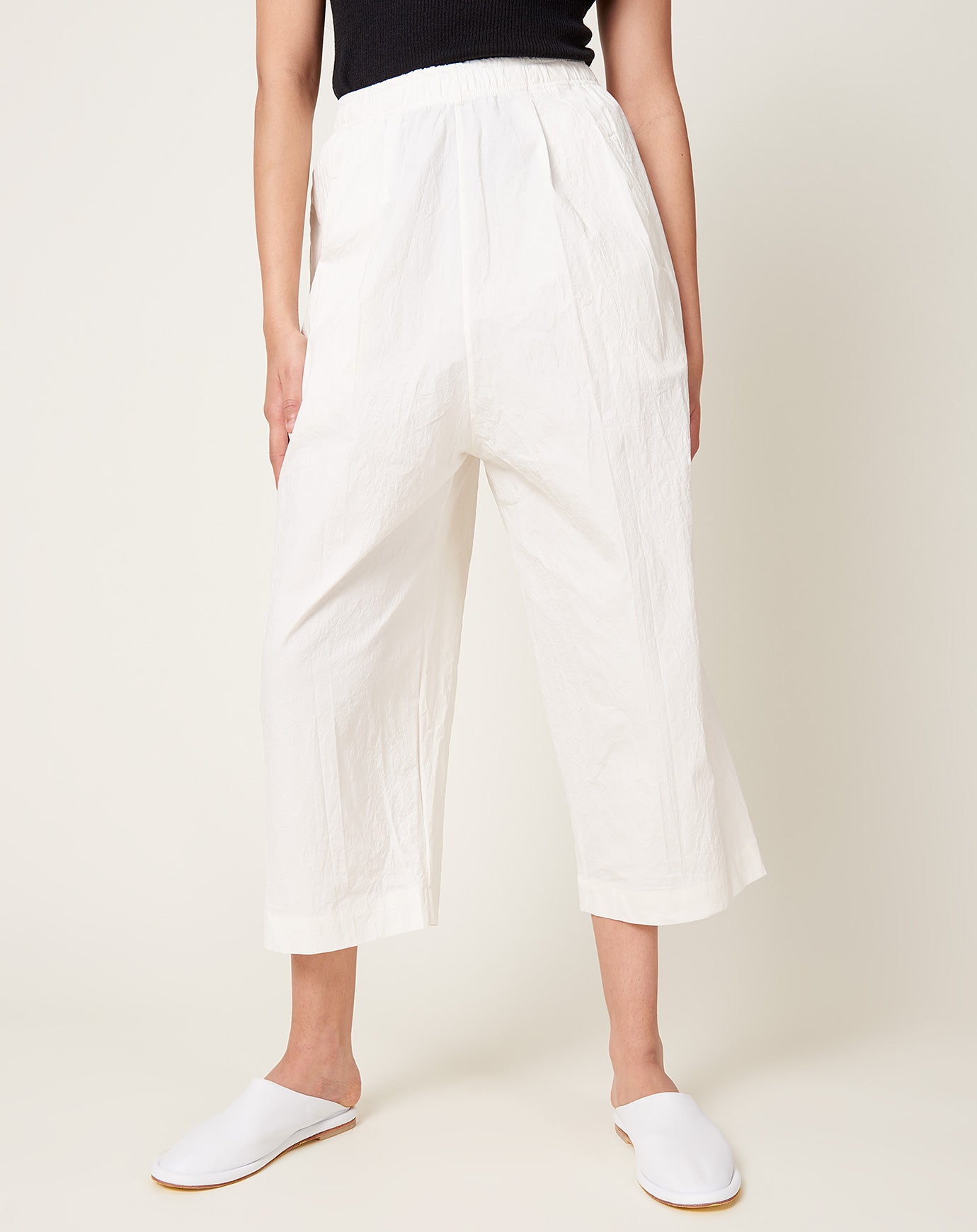 Modern Weaving Dropped Open Leg Trouser in Off White Stretch Crinkle