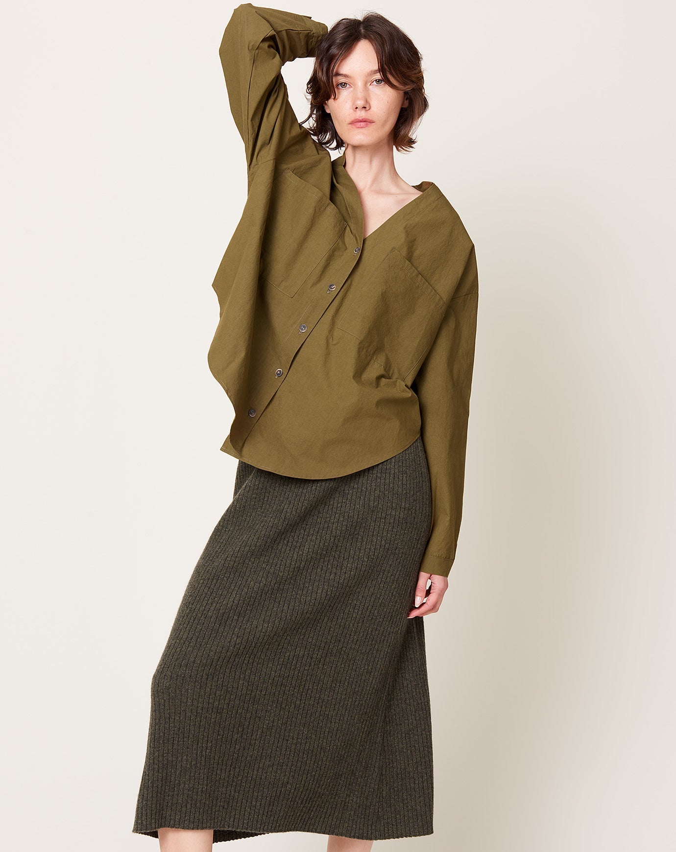 Modern Weaving V-Neck Button Down in Army