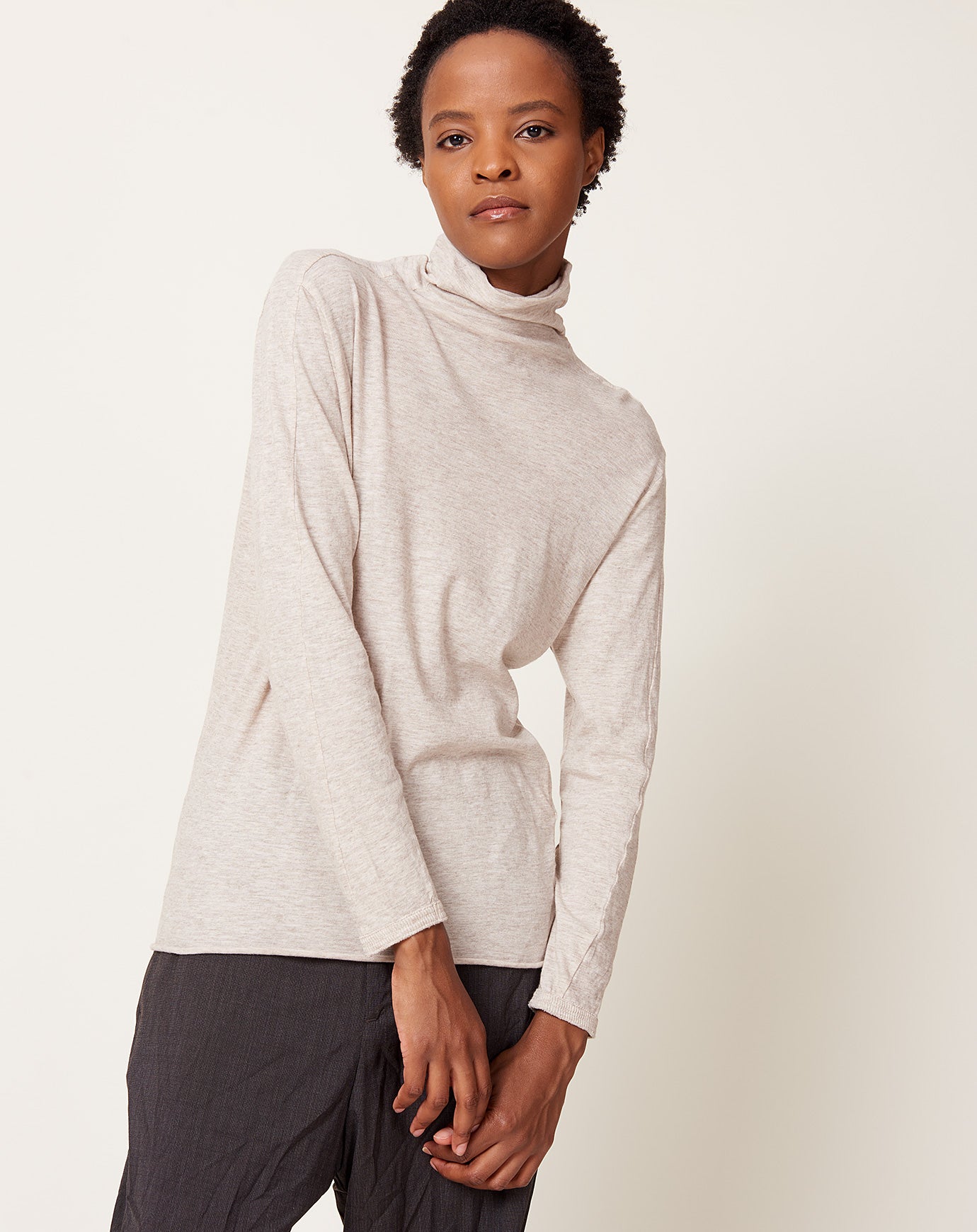 pas de calais Cotton Wool Rib Mix Turtleneck in Beige