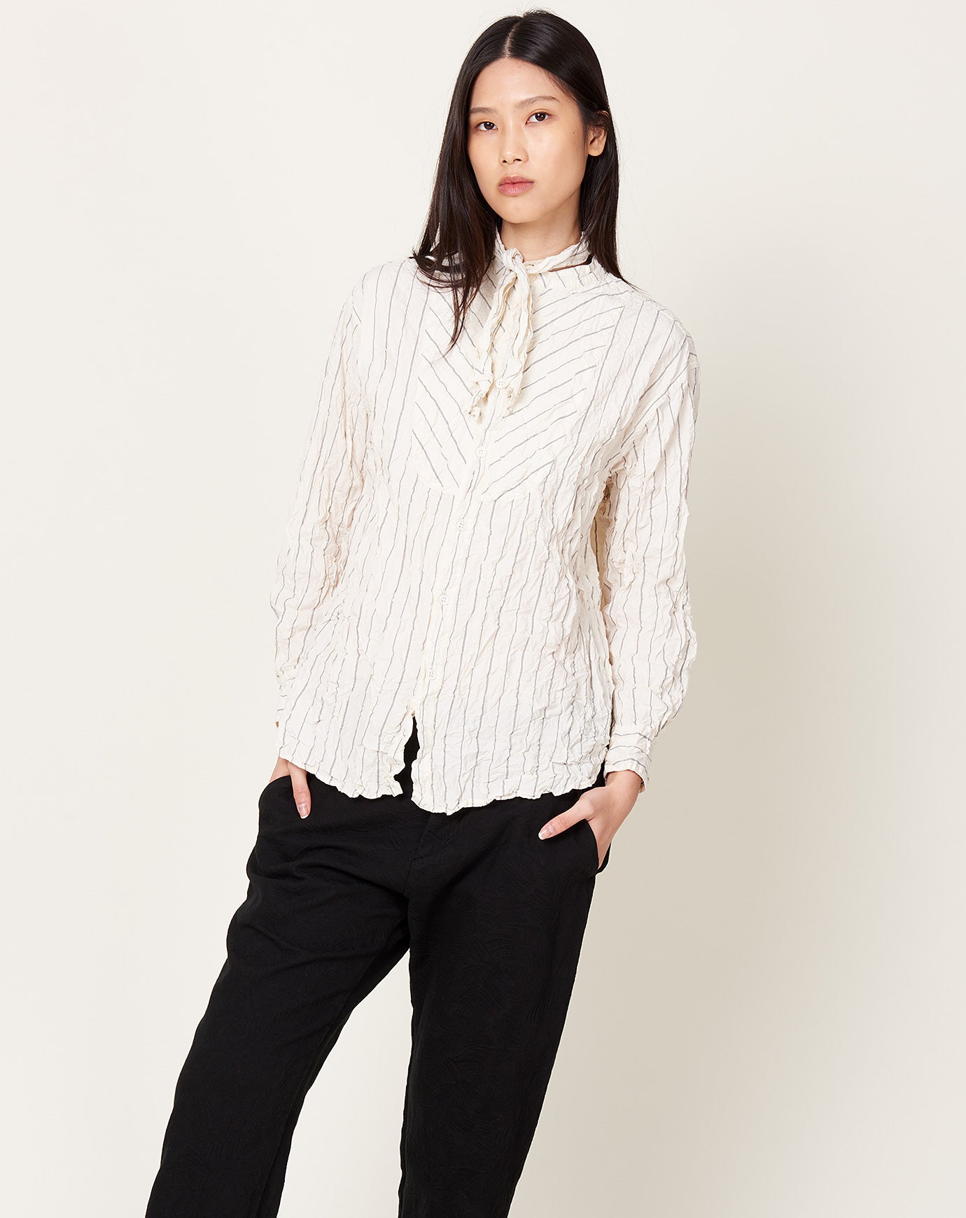 Pas de Calais Crinkle Striped Tie Neck Blouse in Ivory