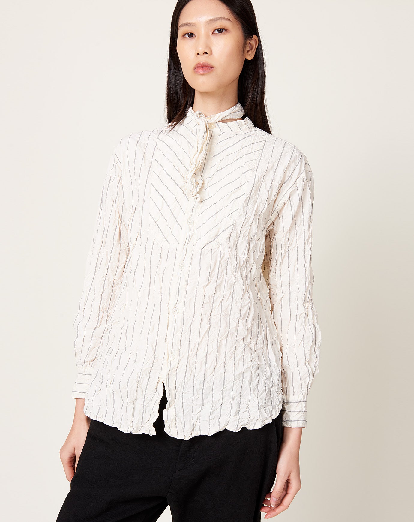 Pas de Calais Crinkle Striped Tie Neck Blouse in Ivory