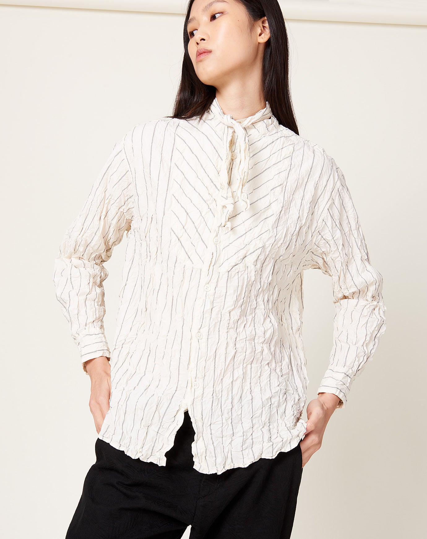 Pas de Calais Crinkle Striped Tie Neck Blouse in Ivory