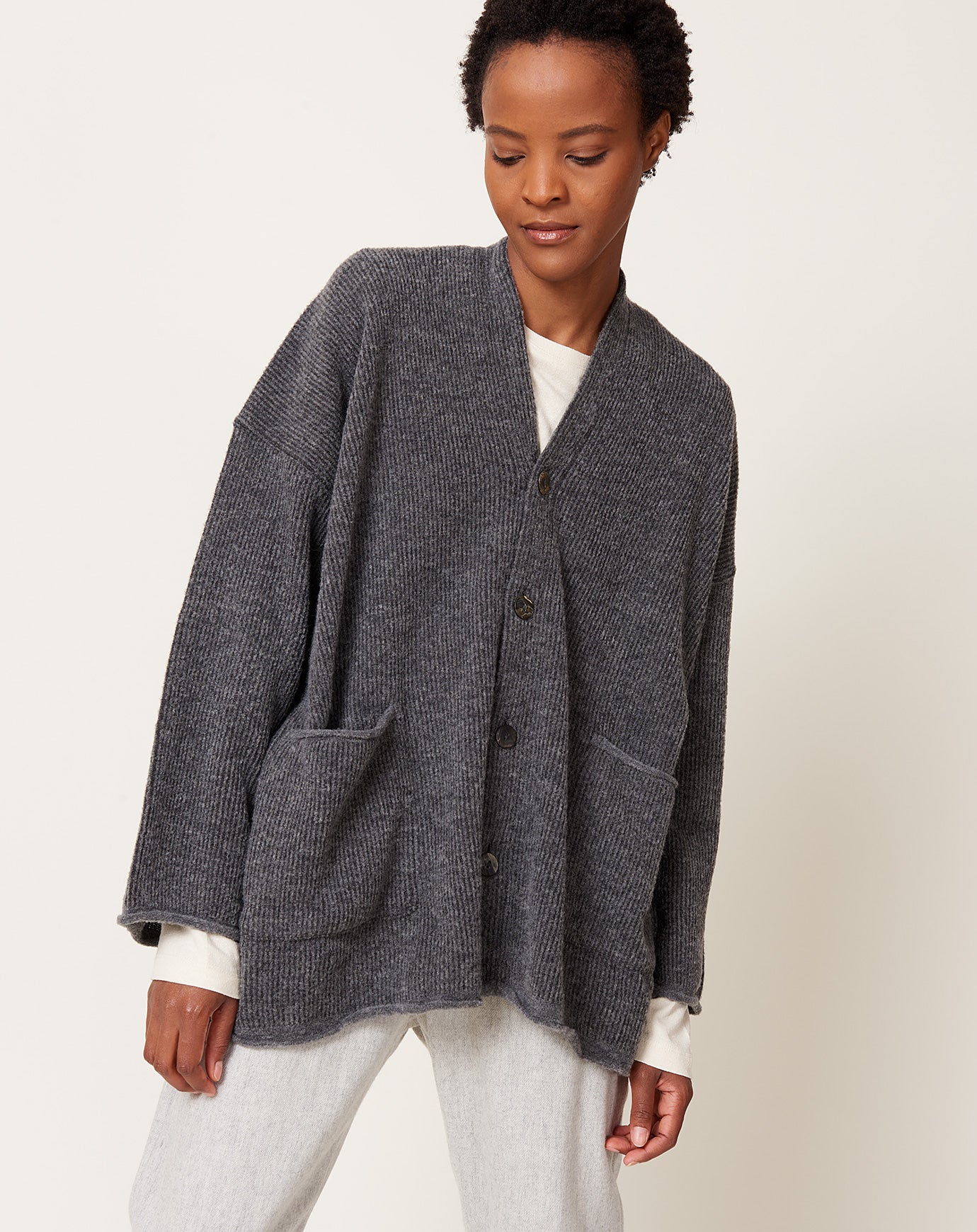 pas de calais Fine Bouclé Knit Cardigan in Heather Grey