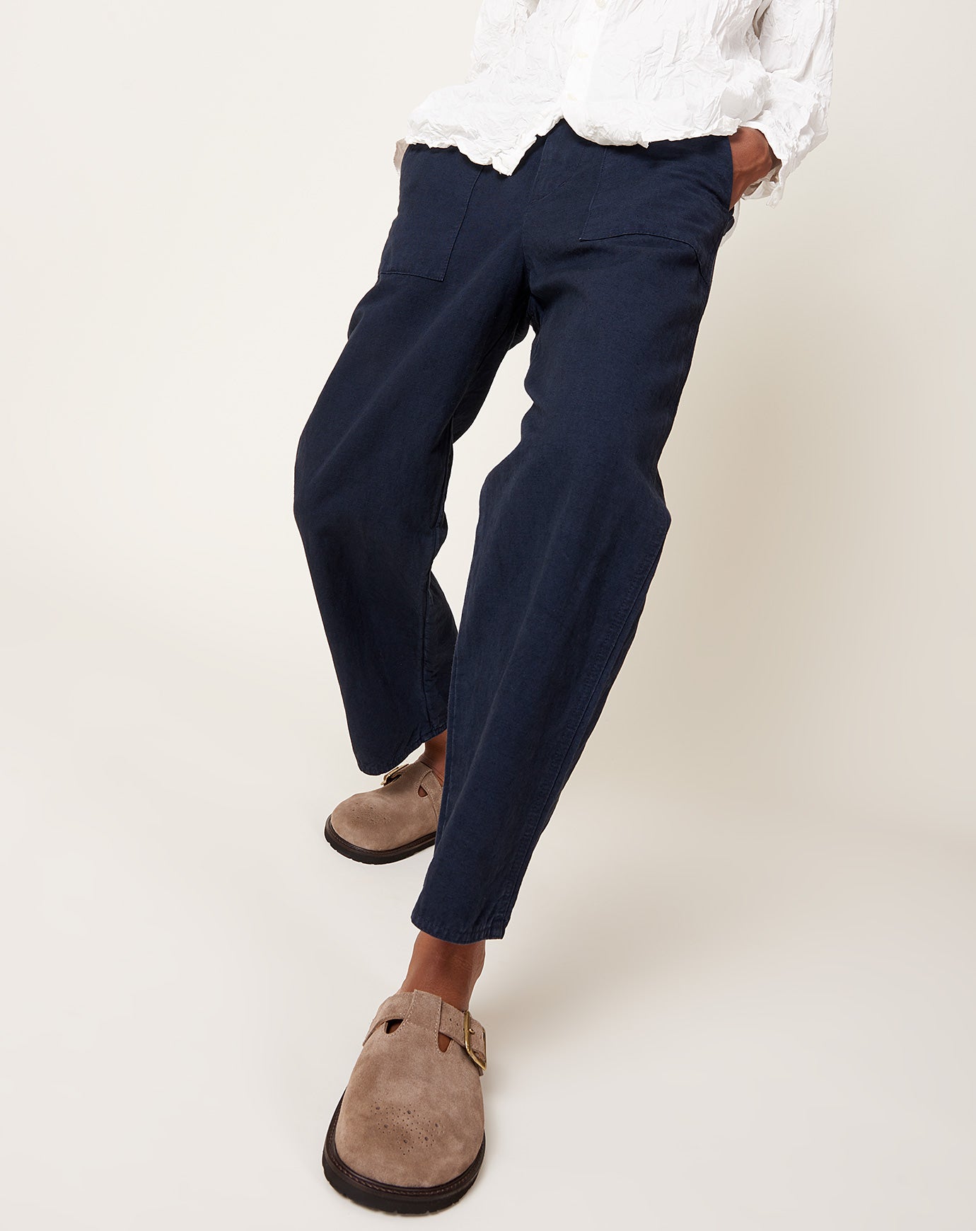 pas de calais High Thread Count Cotton Linen Baker Pants in Navy