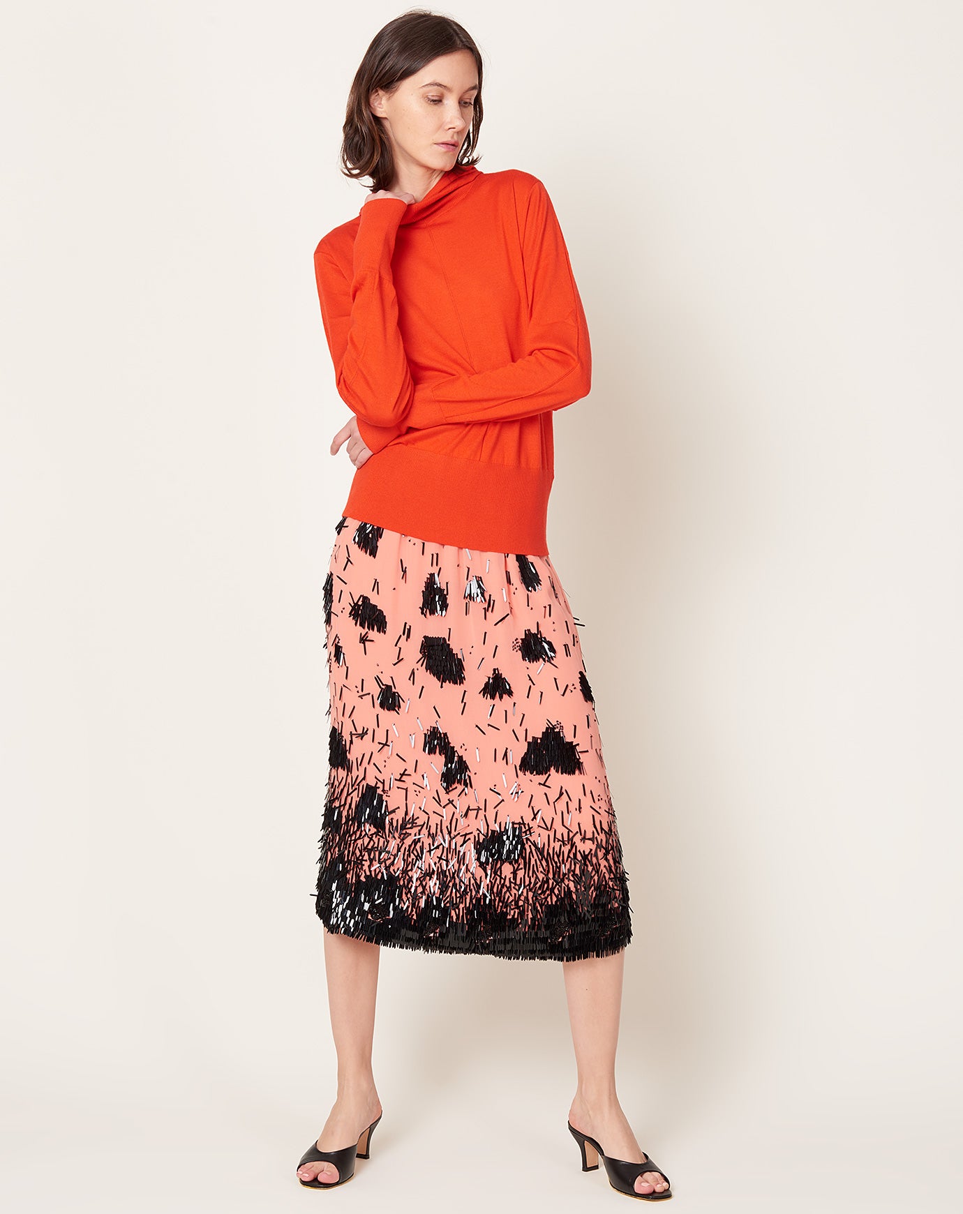 Rachel Comey Vela Skirt in Coral & Black Hibiscus Sequins