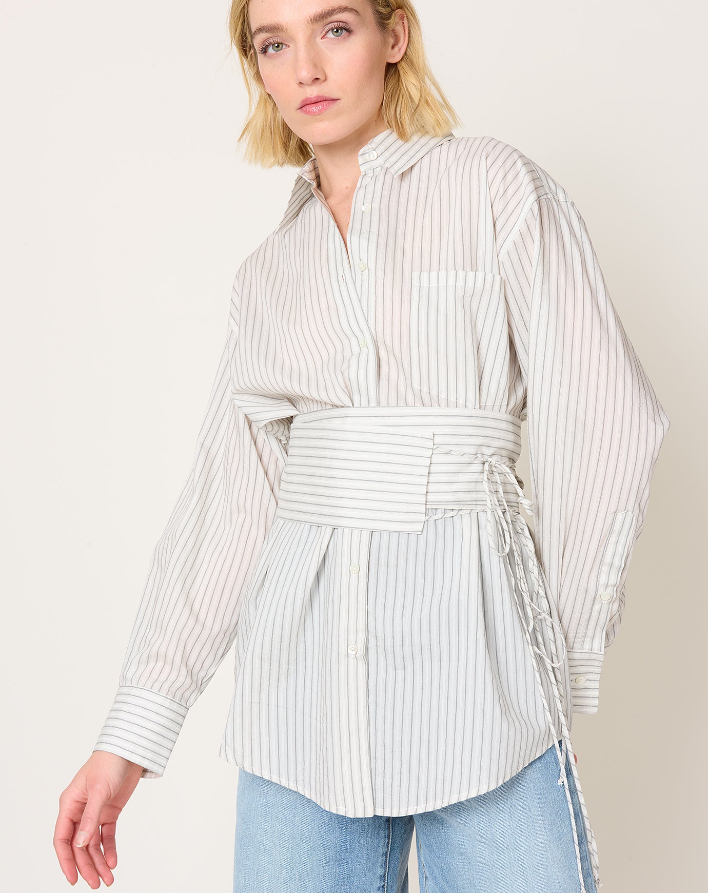 Róhe Silk Stripe Belted Shirt