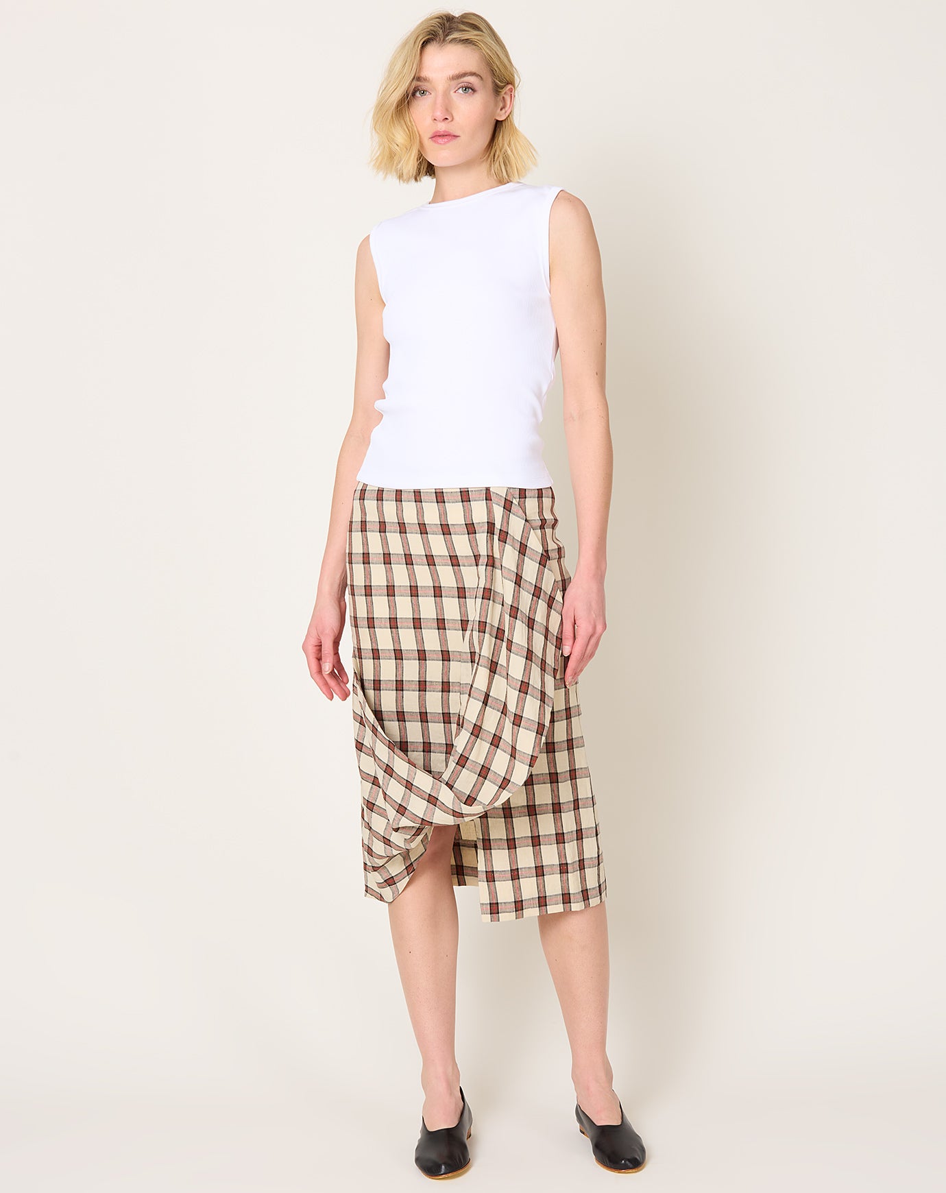 Róhe Draped Check Skirt in Red Table Check