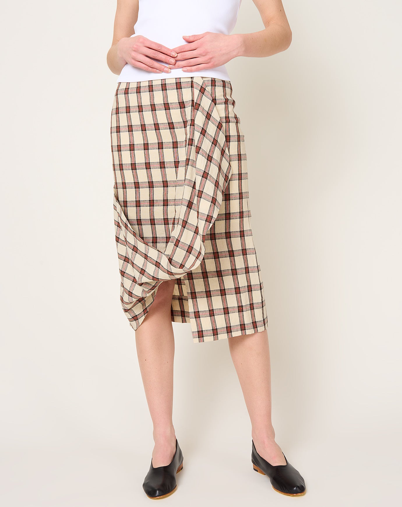 Róhe Draped Check Skirt in Red Table Check