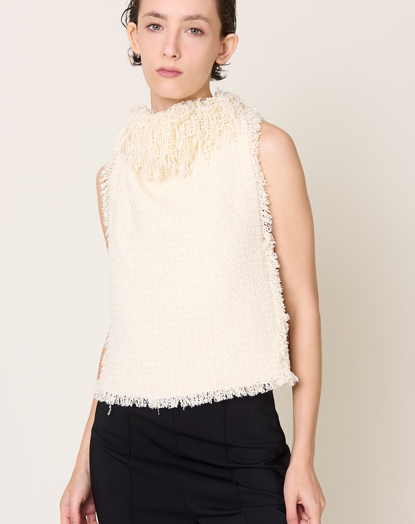 Róhe Textured Fringe Bouclé Top in Cream
