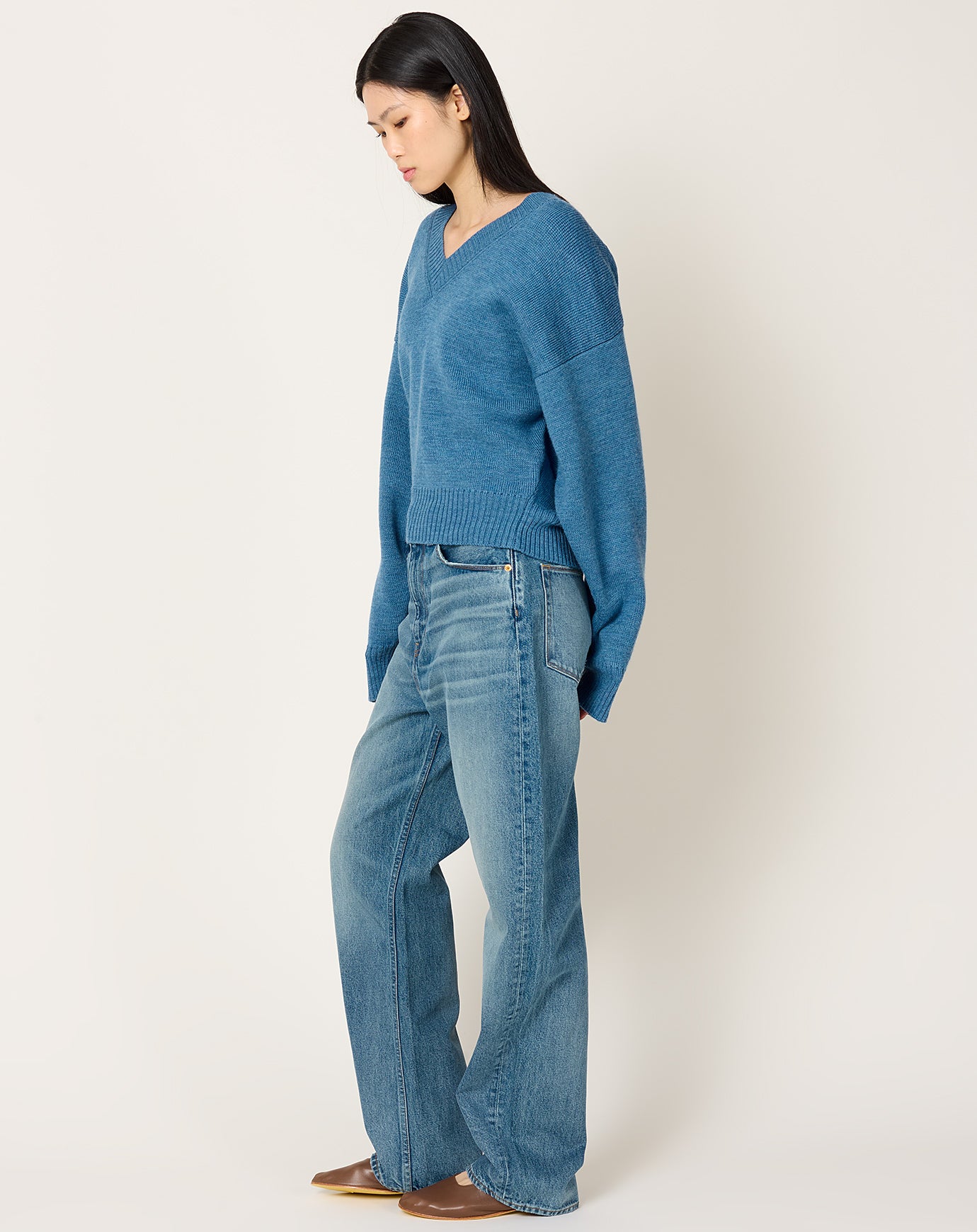 Róhe V-neck Knitted Jumper in Denim Blue Melange