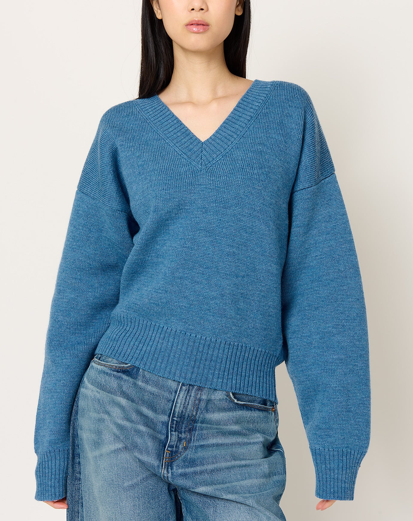Róhe V-neck Knitted Jumper in Denim Blue Melange
