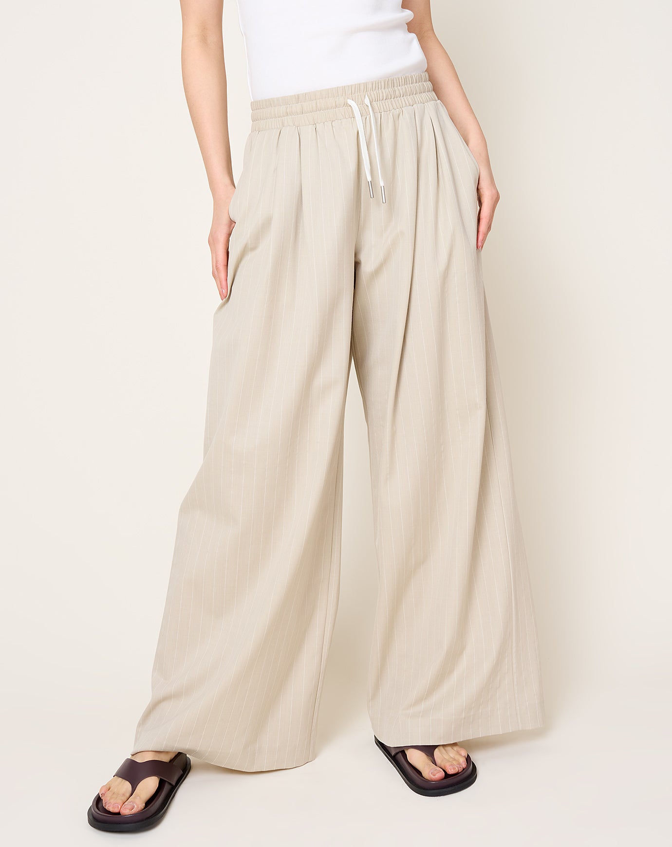 St. Agni Pinstripe Wool Drawstring Pants in Latte