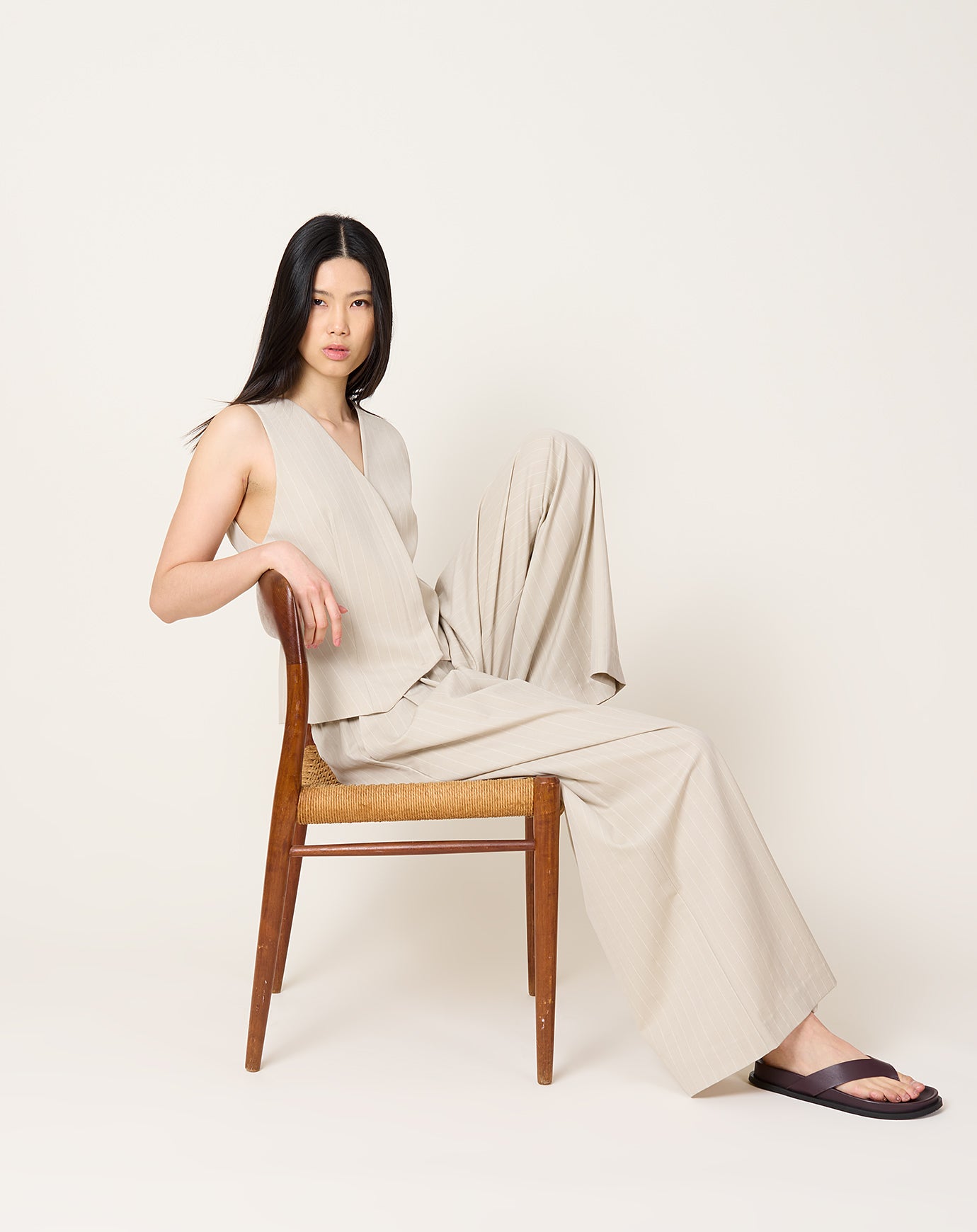 St. Agni Pinstripe Wool Drawstring Pants in Latte