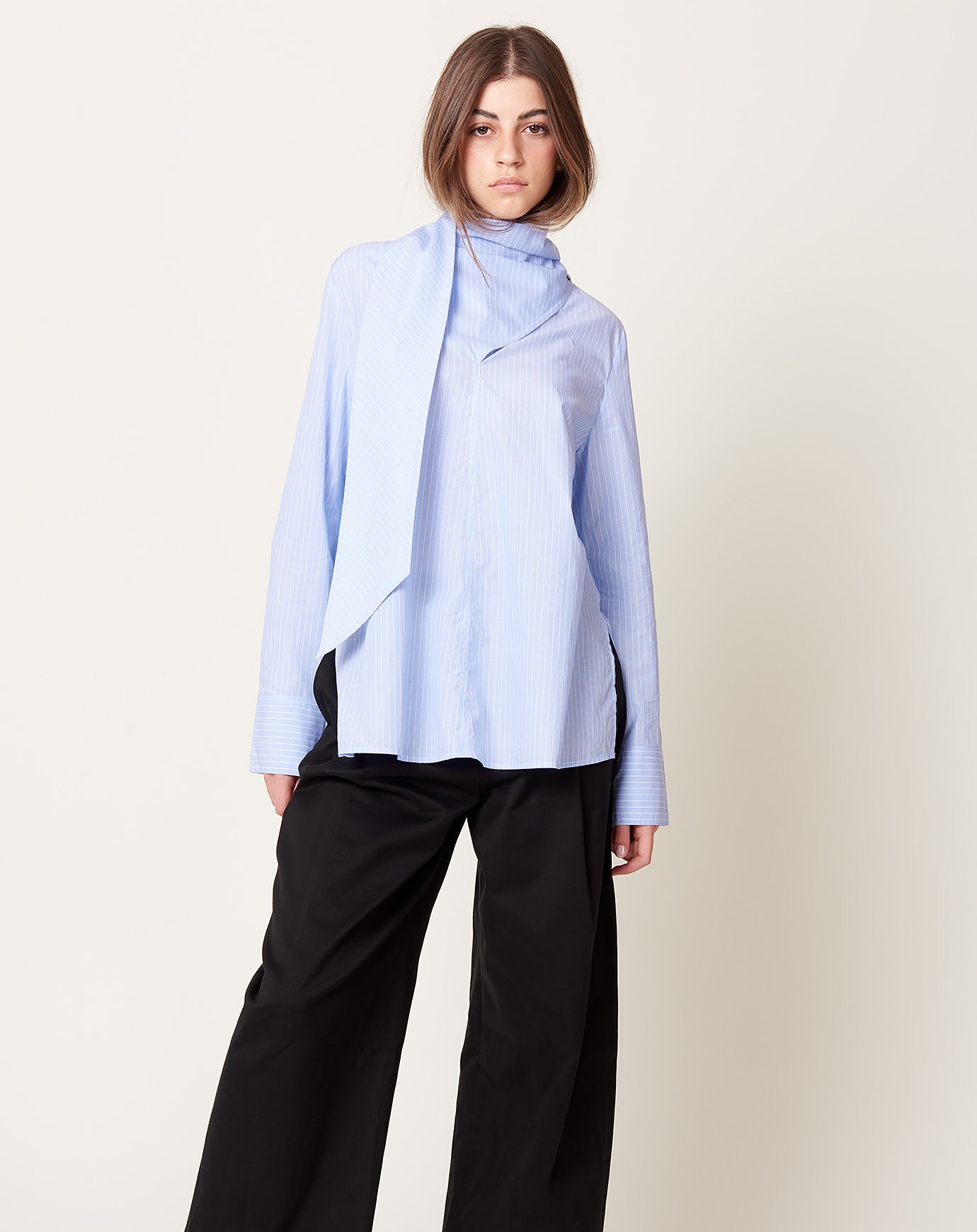 Studio Nicholson Utah Scarf Neck Top in Blue Broken Stripe