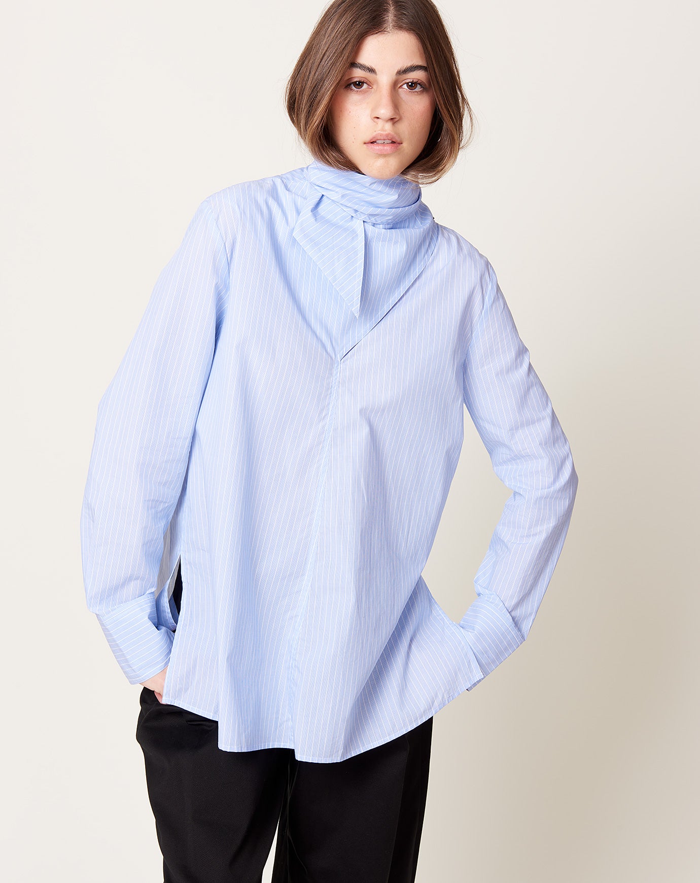 Studio Nicholson Utah Scarf Neck Top in Blue Broken Stripe