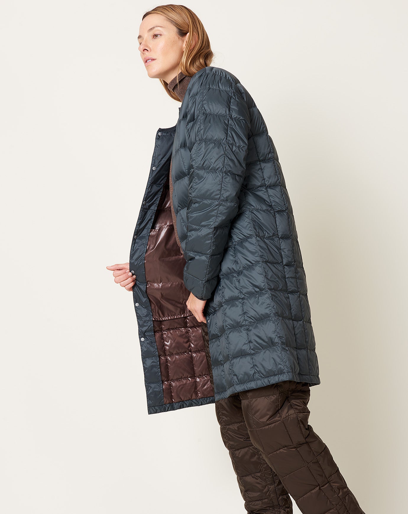 Taion Basic Over Size Crew Neck Button Long Down Jacket in Dark Charcoal and Chocolate