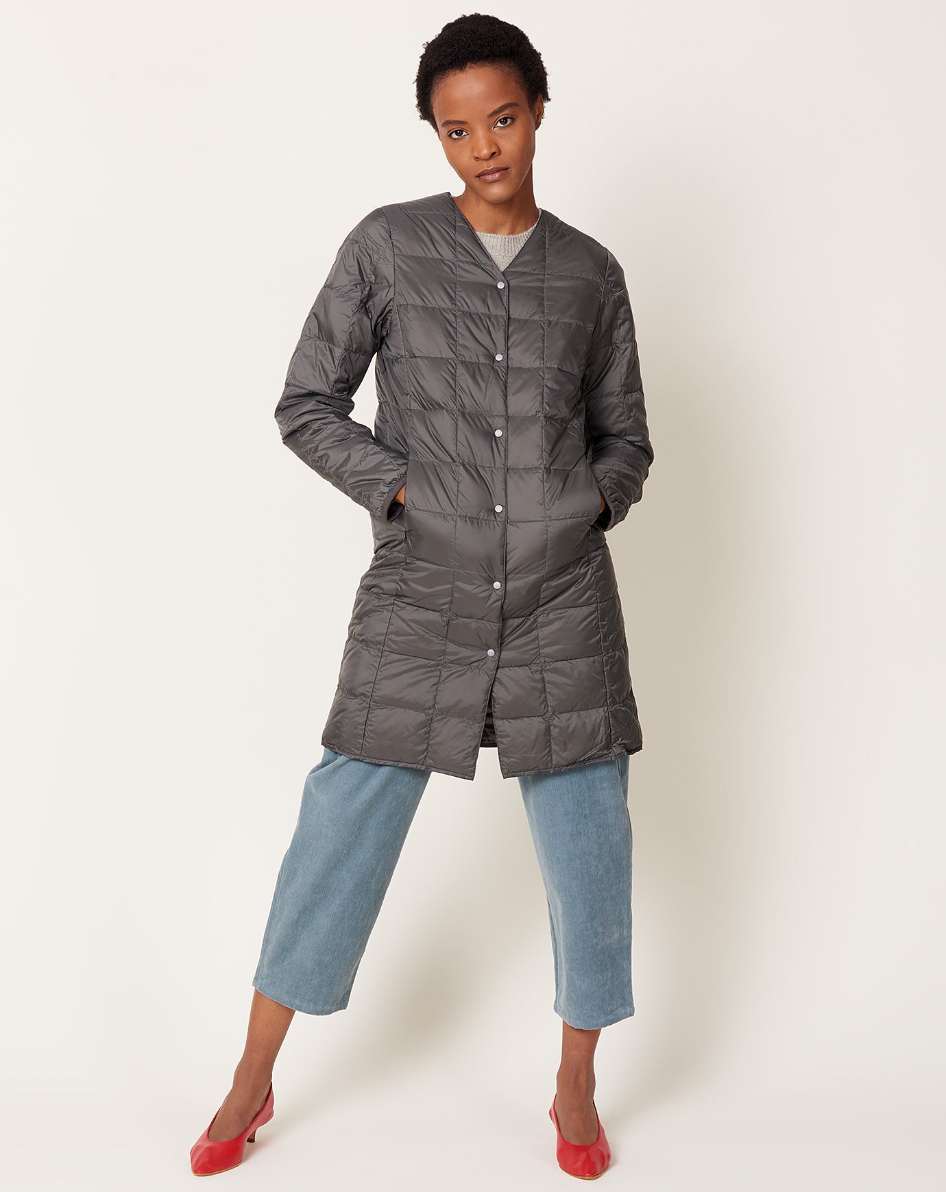 Taion V Neck Long Down Jacket in Dark Charcoal