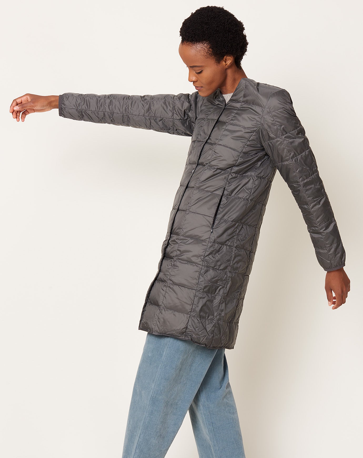 Taion V Neck Long Down Jacket in Dark Charcoal