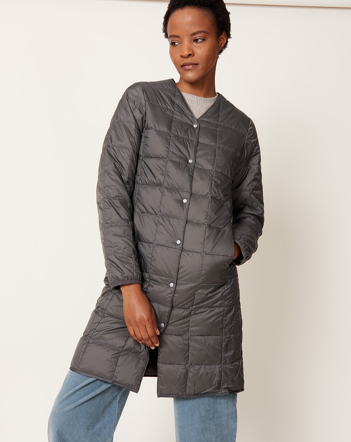 Taion V Neck Long Down Jacket in Dark Charcoal