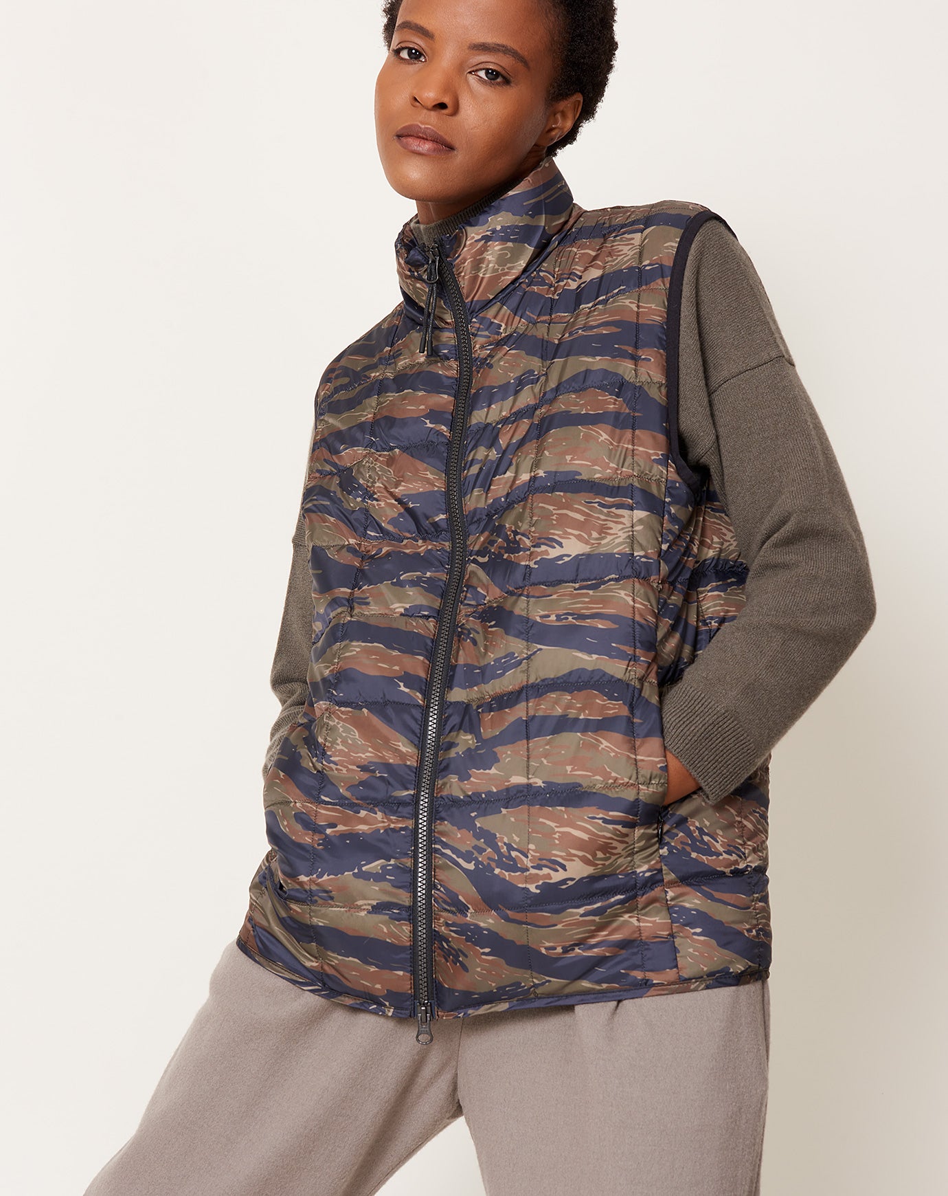 Taion Hi Neck W-Zip Down Vest in Tiger Stripe