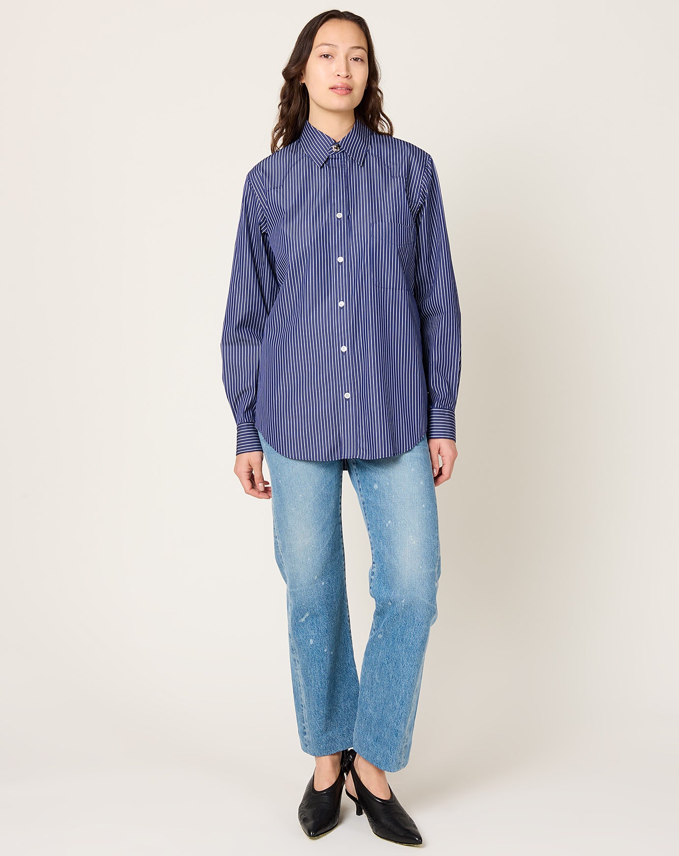 TOGA Archives Stripe Typewriter Shirt in Navy