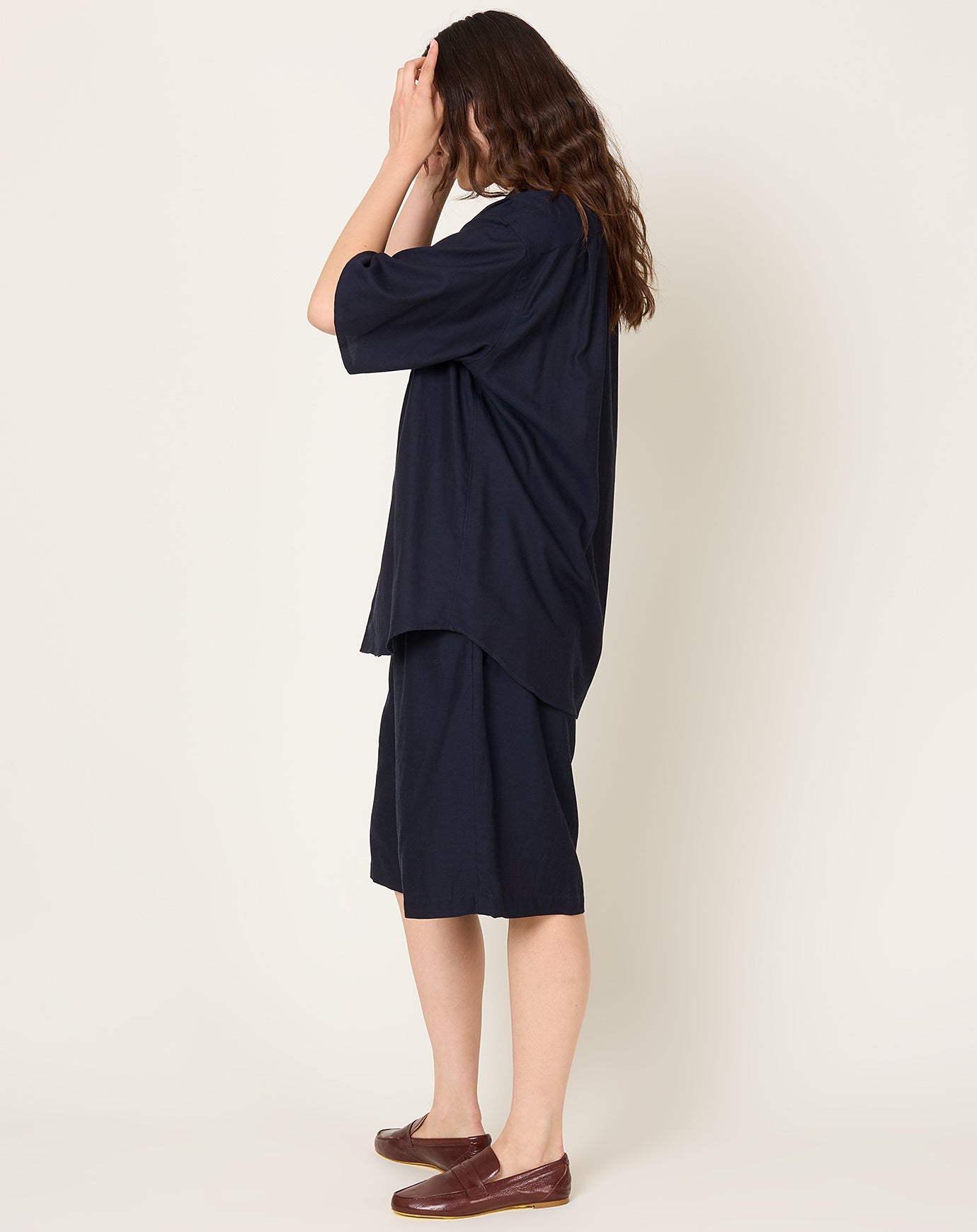 Yoko Sakamoto Open Collar S/S Shirt in Navy