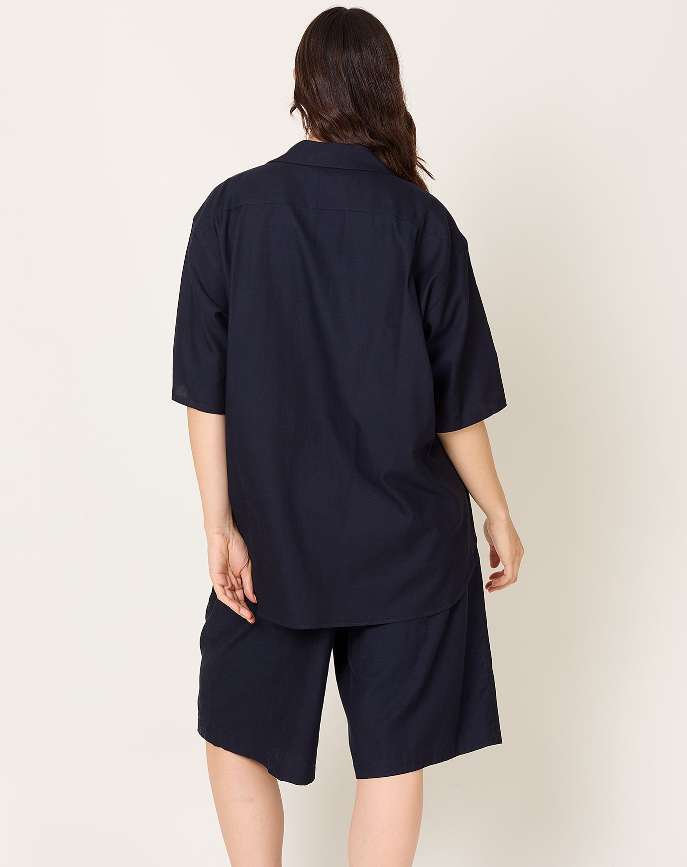 Yoko Sakamoto Open Collar S/S Shirt in Navy