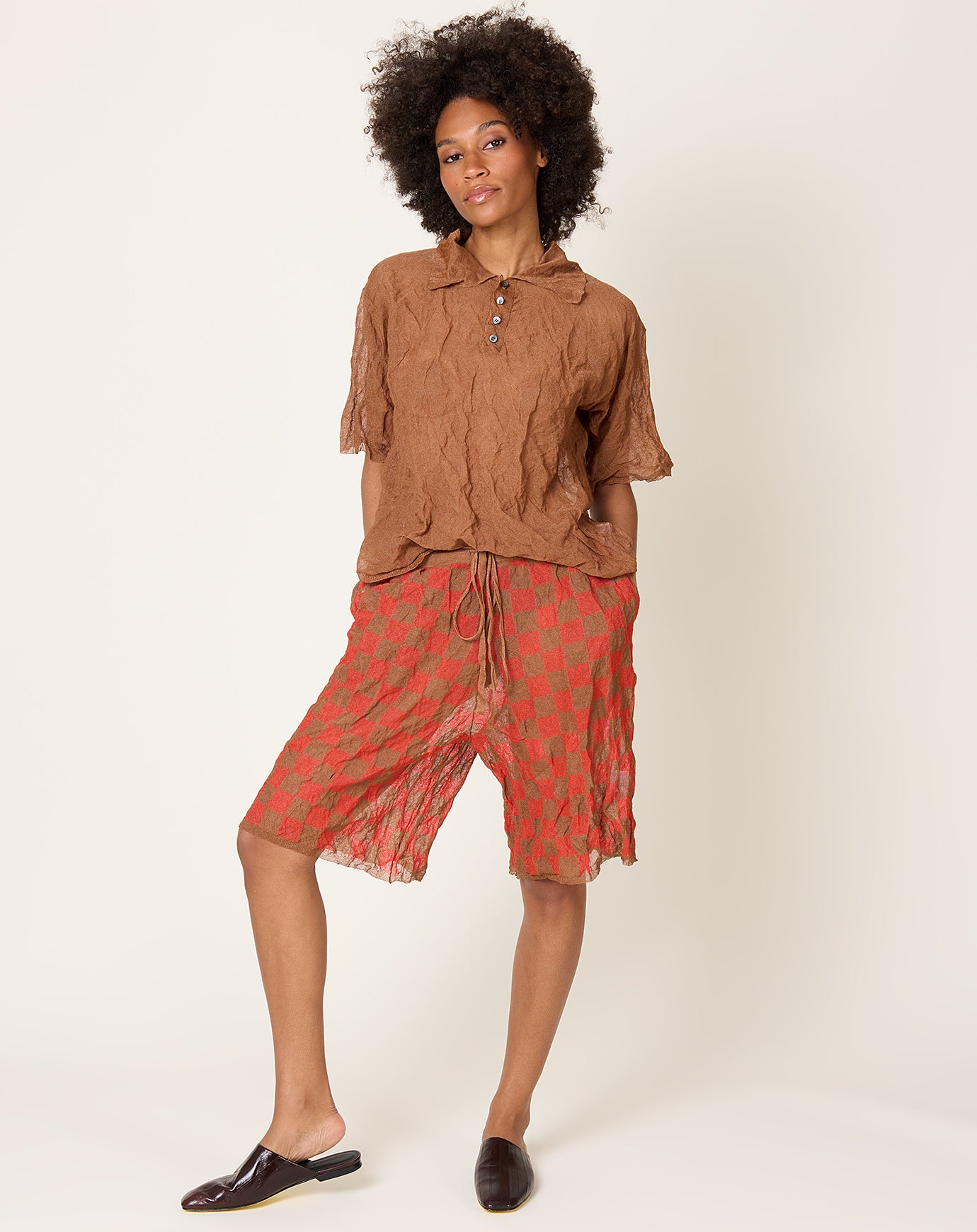 Zankov Lou Checkerboard Shorts in Tobacco & Tomato