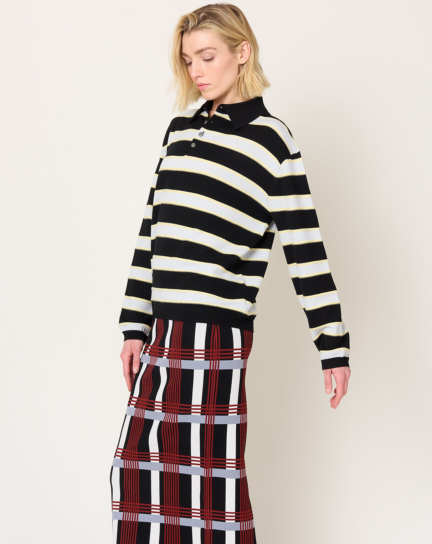 Zankov Ryan Pointelle Stripe Polo in Black & Oyster
