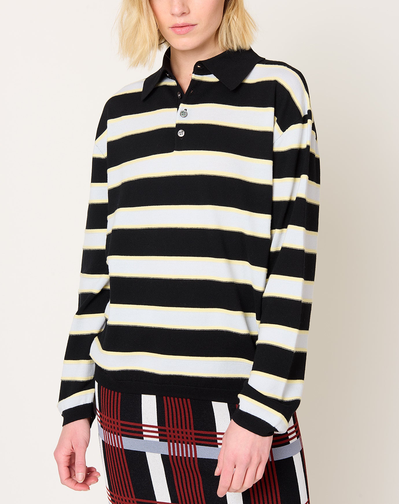 Zankov Ryan Pointelle Stripe Polo in Black & Oyster