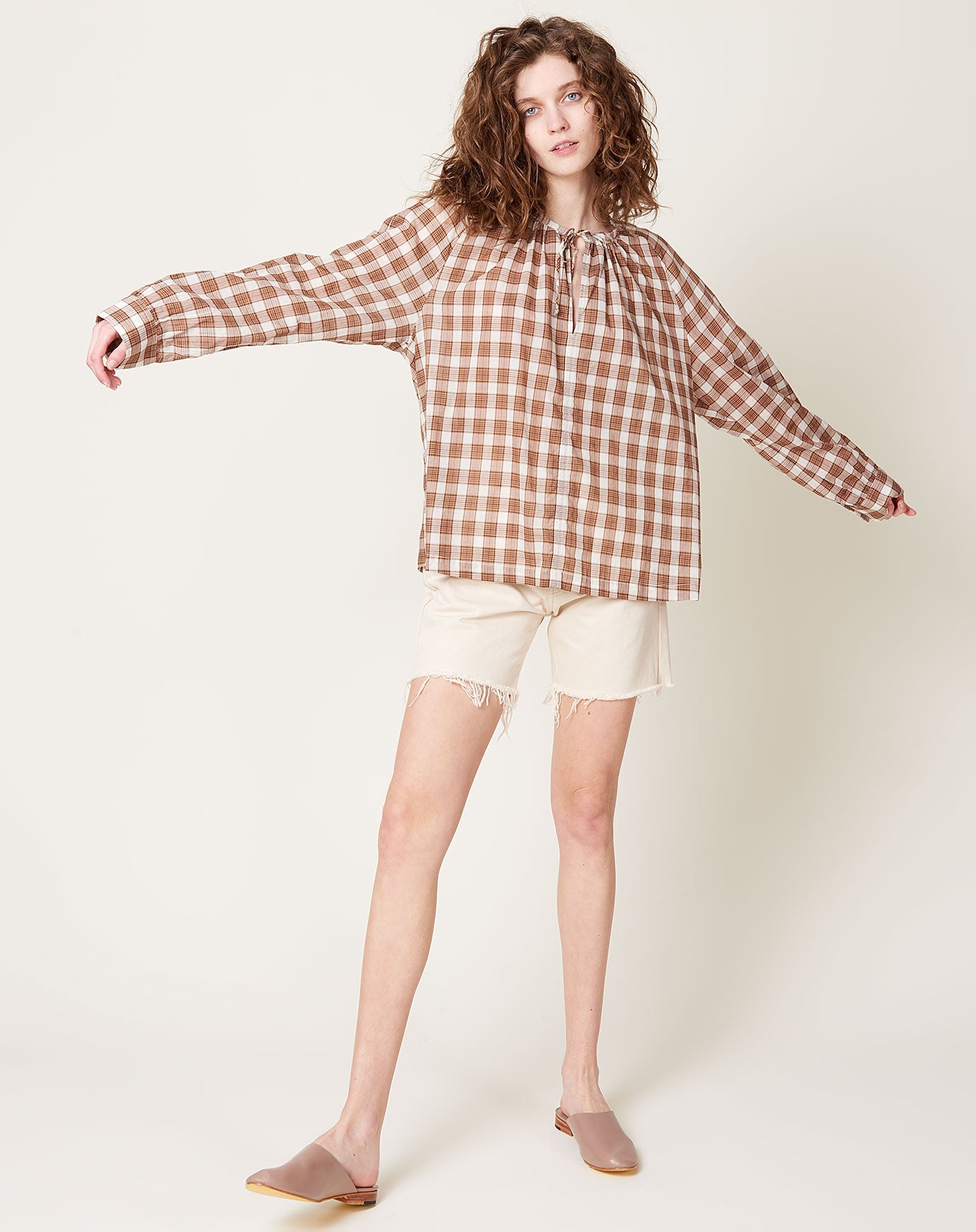 6397 Plaid Peasant Top in Brown