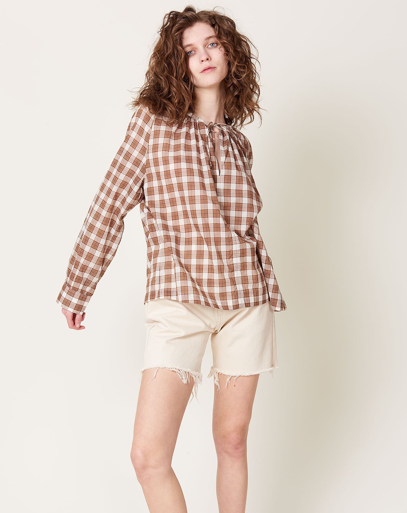 6397 Plaid Peasant Top in Brown