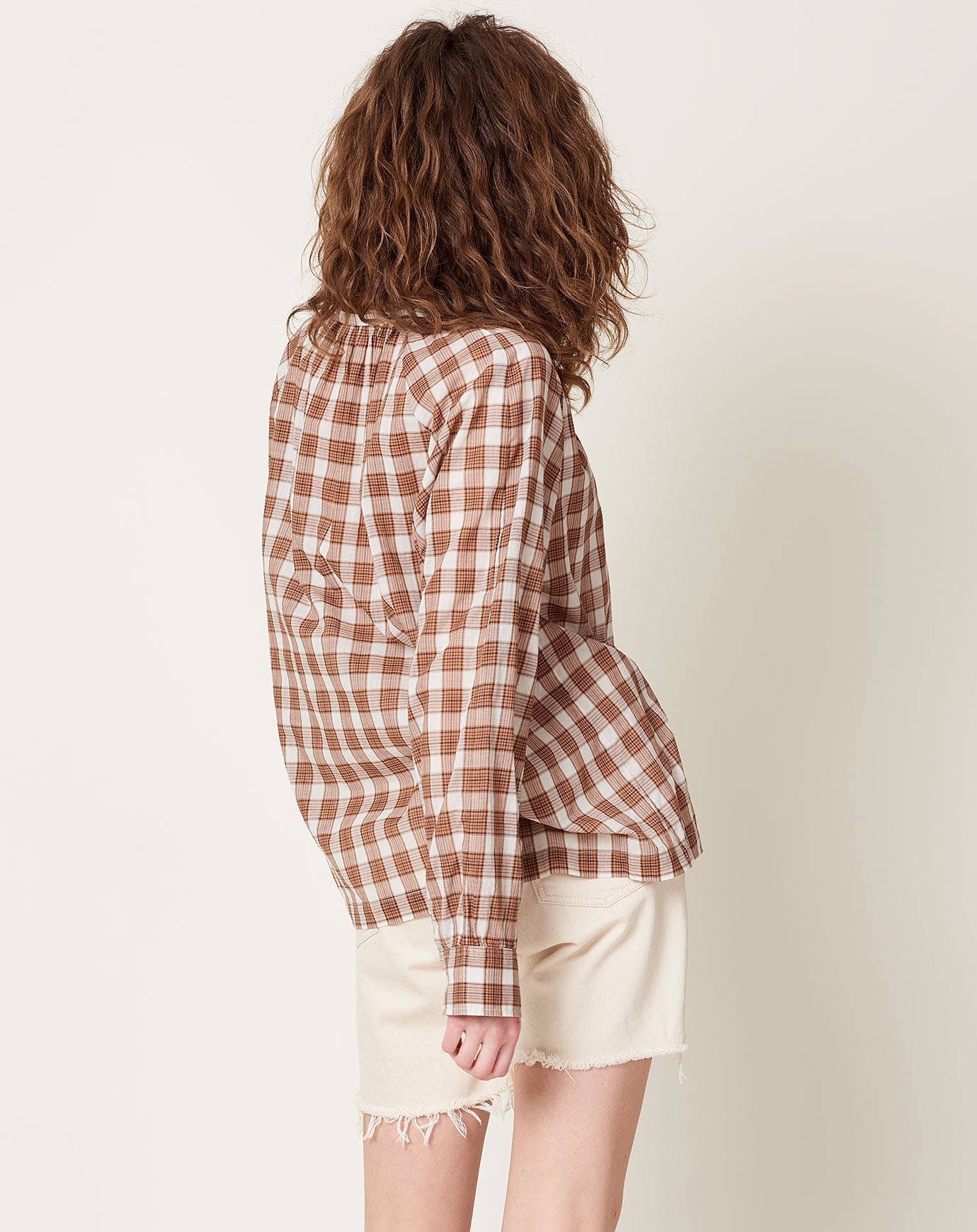 6397 Plaid Peasant Top in Brown