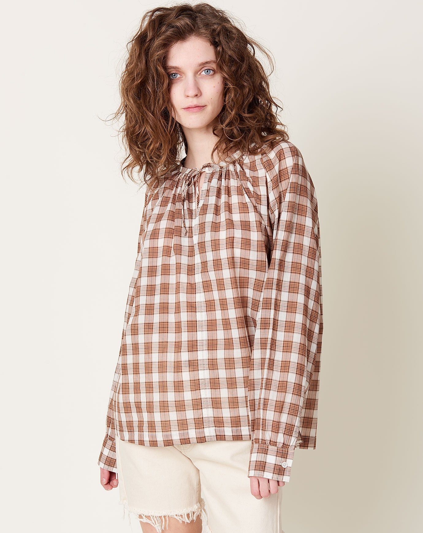 6397 Plaid Peasant Top in Brown