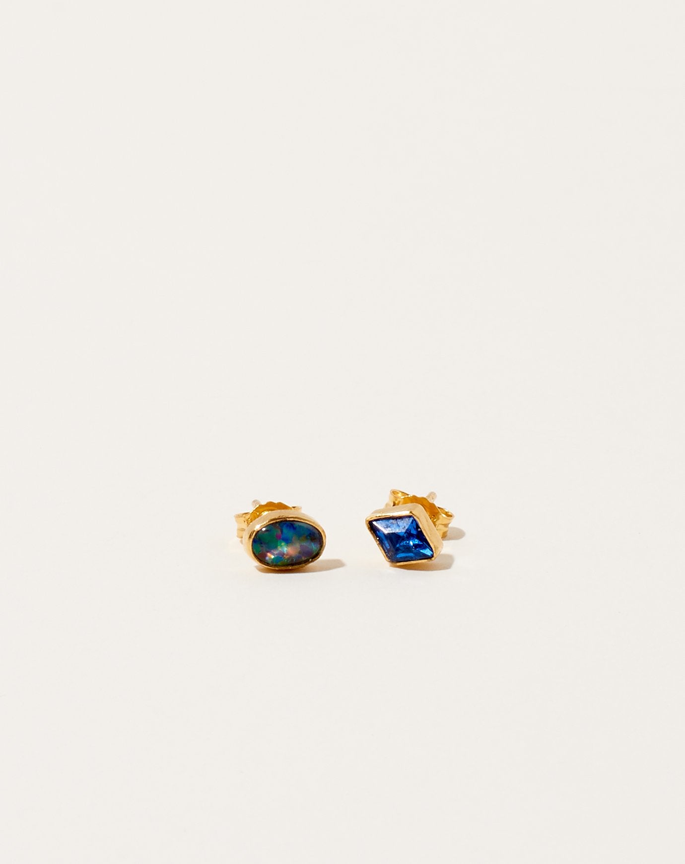 Grainne Morton Mismatched Oval Opal and Blue Diamond Studs