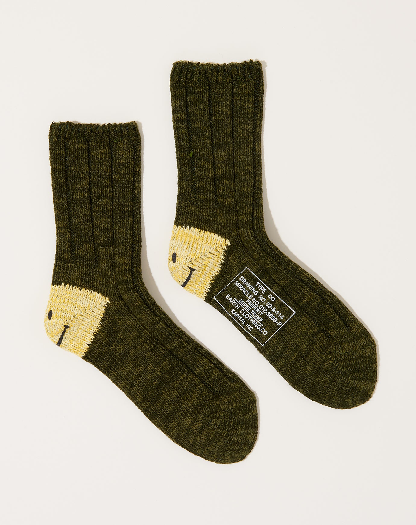 Kapital 56 Yarns Heel Smilie Socks in Khaki