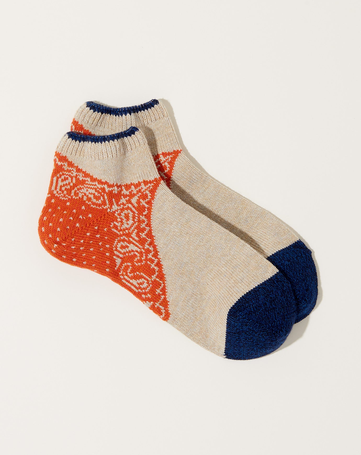 Kapital 96 Yarns Paisley Bandana Heel Ankle Socks in Ecru & Orange