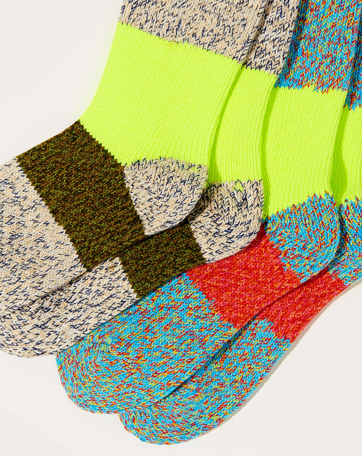 Kapital 56 Yarns Neon Line Gogh Socks in White and Khaki