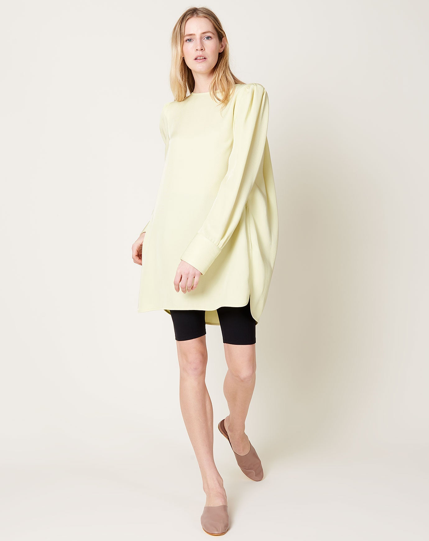 Maria McManus Gathered Shoulder Mini Dress in Lemon Ice