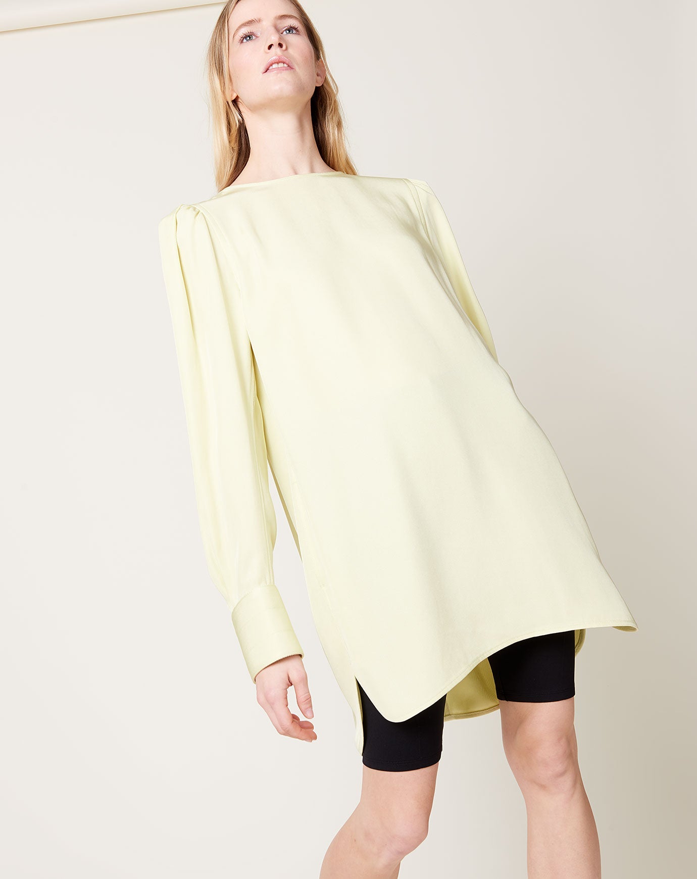 Maria McManus Gathered Shoulder Mini Dress in Lemon Ice